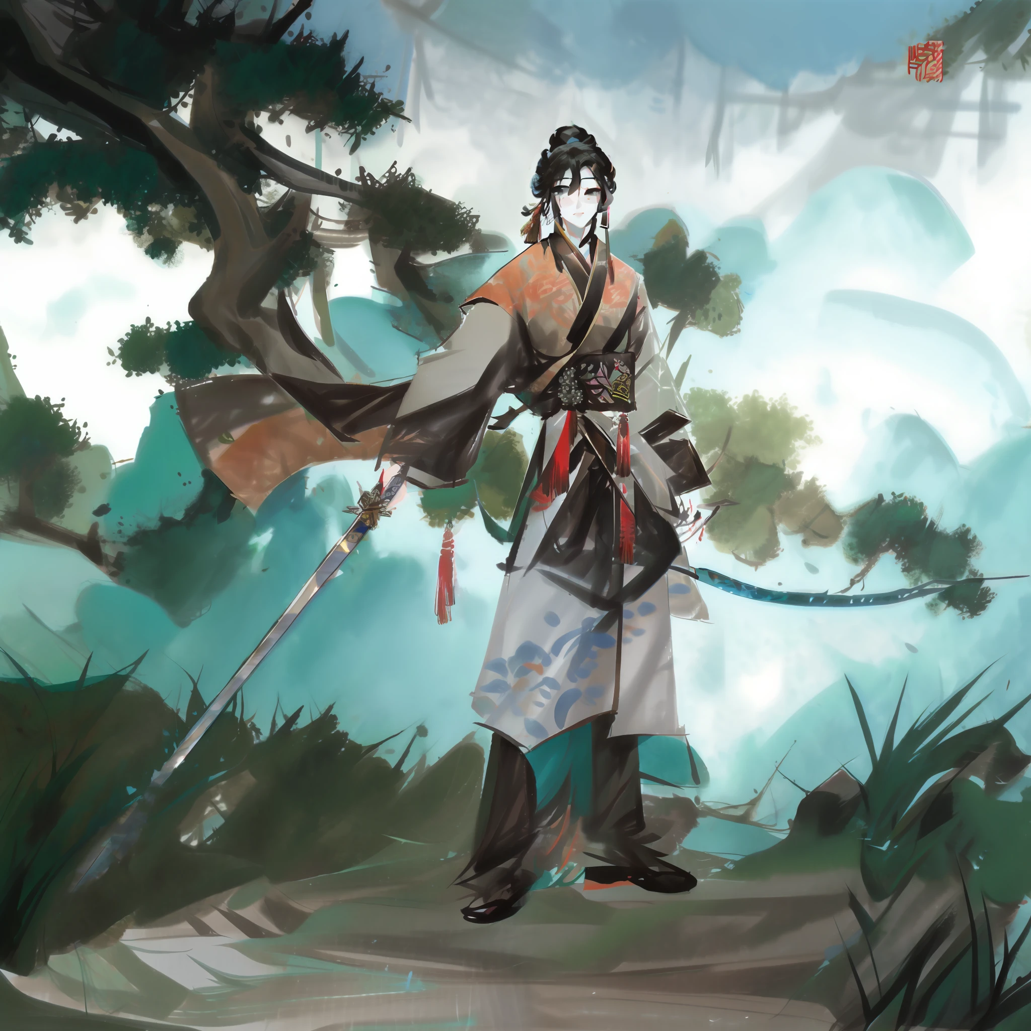 In the forest stood one with a sword, full-body wuxia, xianxia hero, Inspired by Huang Shen, Inspired by Cao Zhibai, inspired by Huang Ding, zhao yun, Inspired by Seki Dosheng, Inspired by Li Tang, inspired by Dong Yuan, Inspired by Hu Zaobin, inspired by Zhao Mengfu