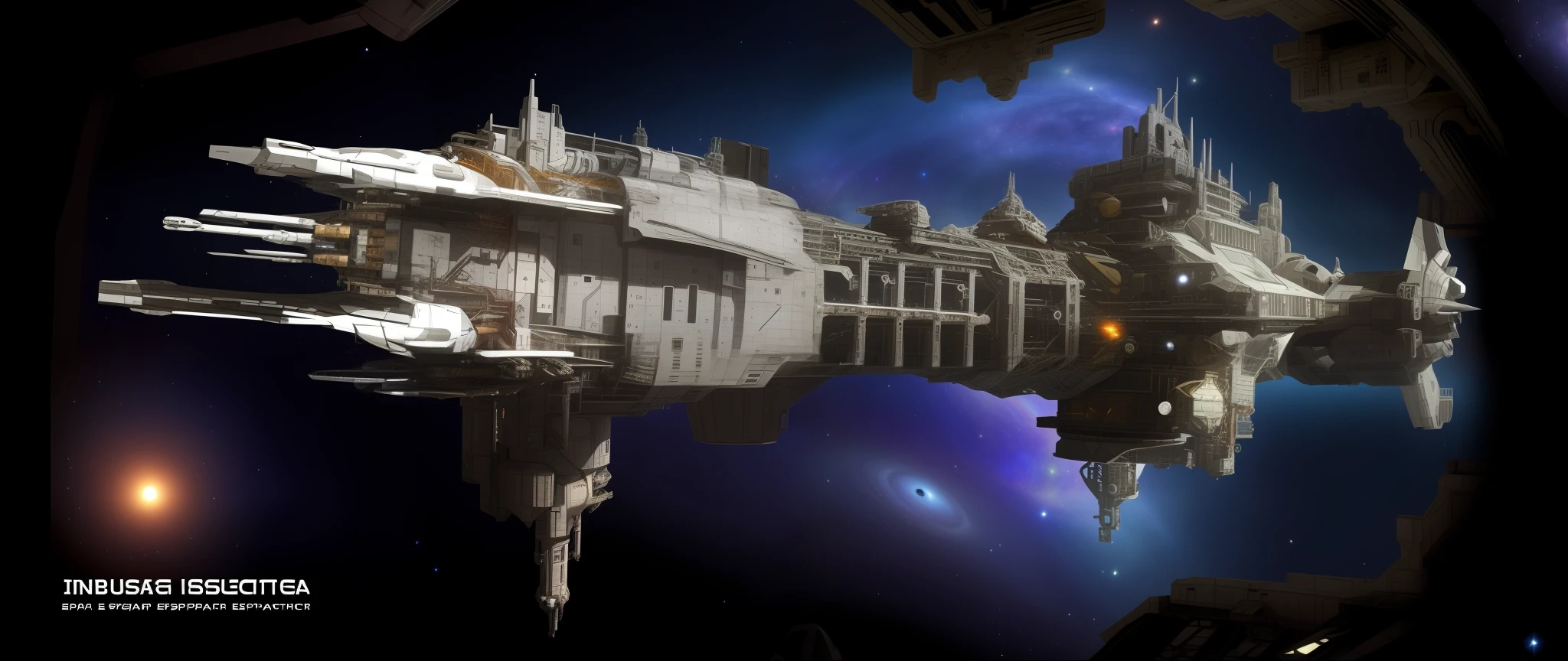 A closeup of a spaceship flying through a galaxy, space opera and dystopian style, intricate machine in space, scifi space station, Spaceship in ruined space, big train in space, epic megastructure, Space Sci - Fi, megaestrutura de fundo, deep space super structure, Scifi premiada, Industrial Humanity Spaceship, nave espacial antiga, Industrial Science Fiction, industrial scifi