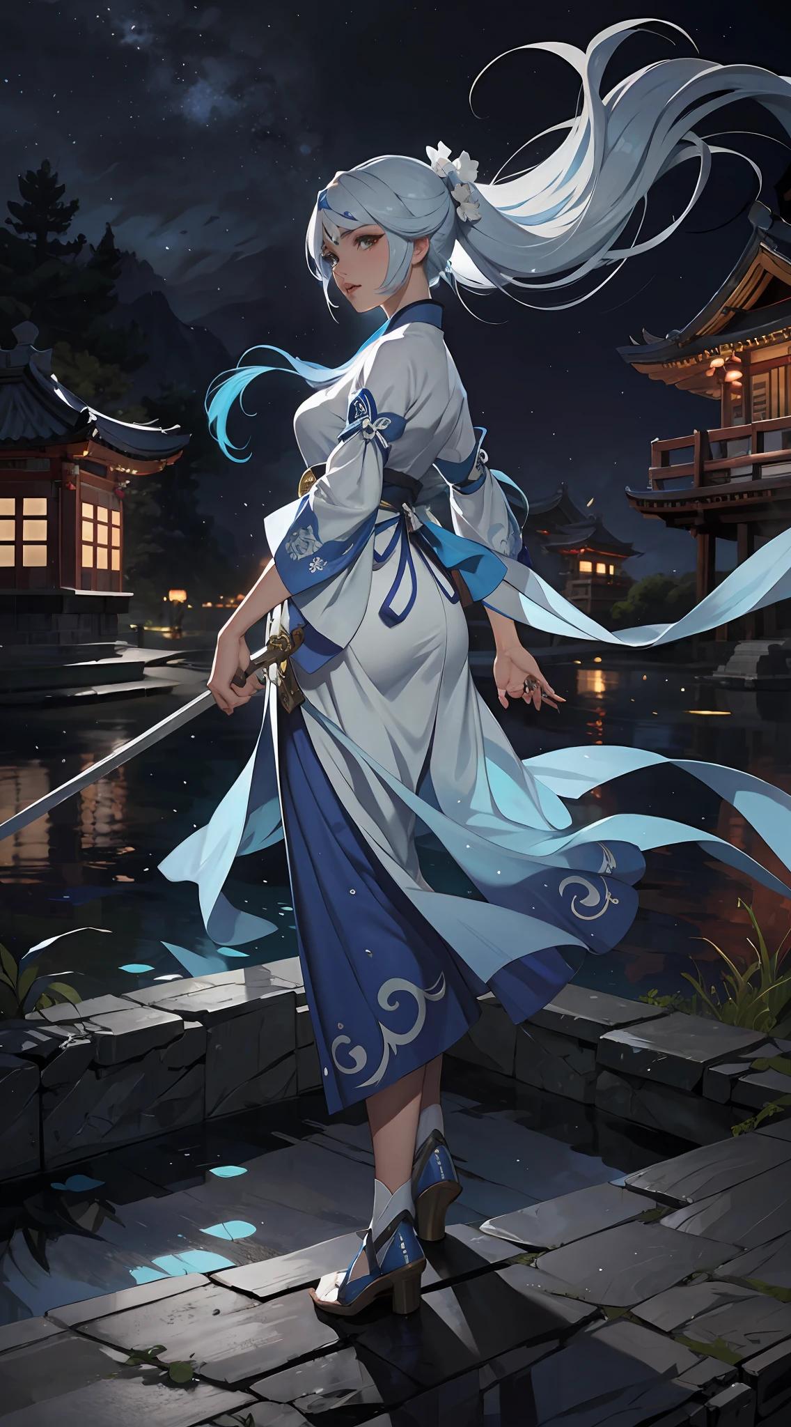 1 beauty，Blue Hanfu，long whitr hair，National style，Ancient wind，ultraclear，facial closeups，River water in the background，holding a longsword