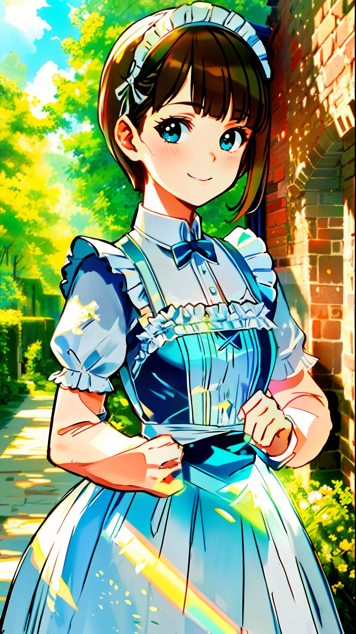 cute pretty maid walk in a manor enjoying sunlight
