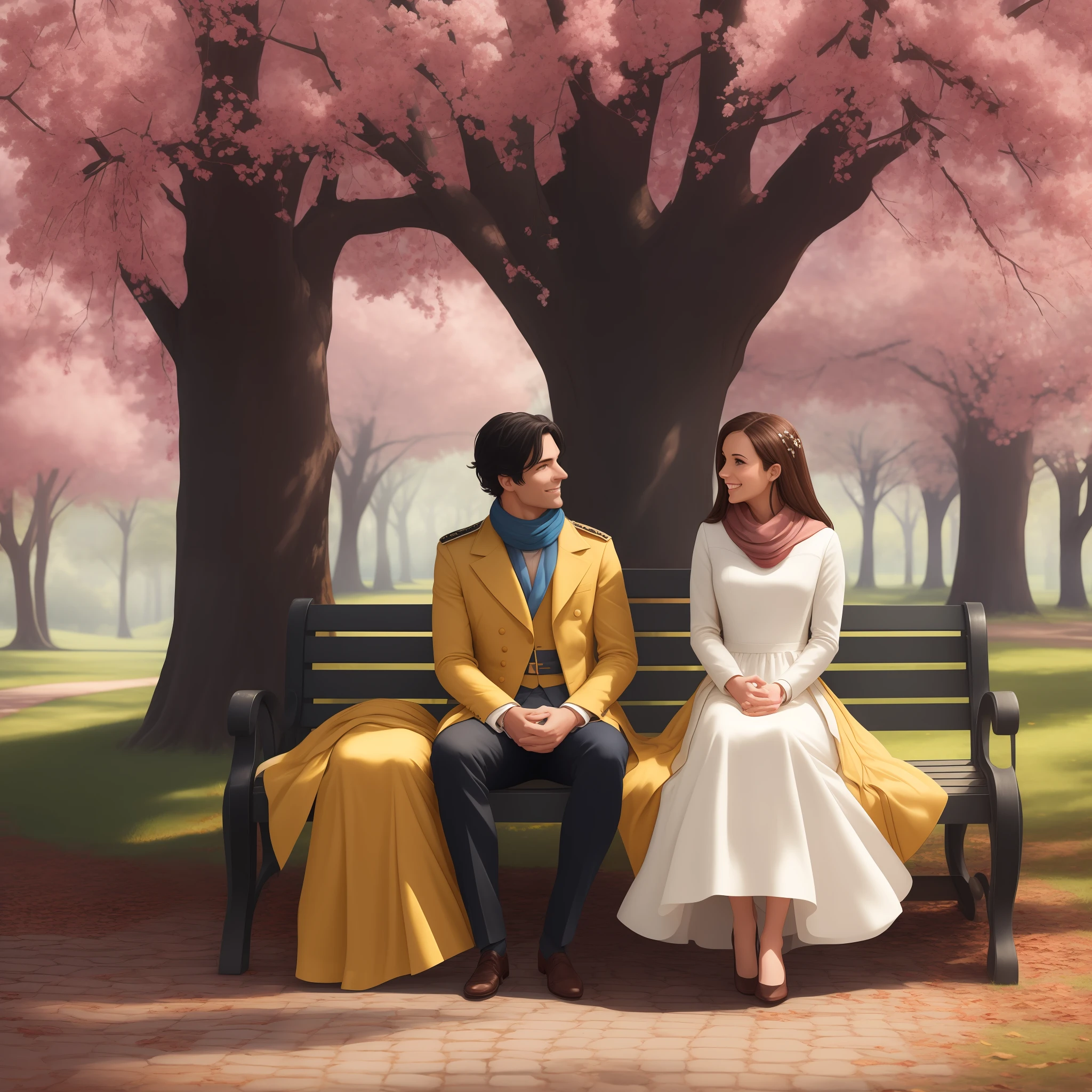 Prompt: Create an illustration of a romantic period couple on a walk through the park. The woman has brown hair and is wearing a simple, romantic gown, with a scarf around his neck. The man has messy black hair and is wearing a relaxed military uniform, com o colarinho desabotoado. They're sitting on a bench, conversando animadamente e rindo, enquanto folhas de outono caem ao seu redor. Be sure to capture the romantic and cozy atmosphere of the park with rich details, like trees with colorful leaves and a cobblestone path. The lighting should reflect the late afternoon, with golden rays of sunshine piercing the treetops. The expression on the couple's face should convey happiness and emotional connection. Bring the colors and textures of costumes and sets to life to create a charming, nostalgic illustration. Com roupas do seculo xix, periodo regencial