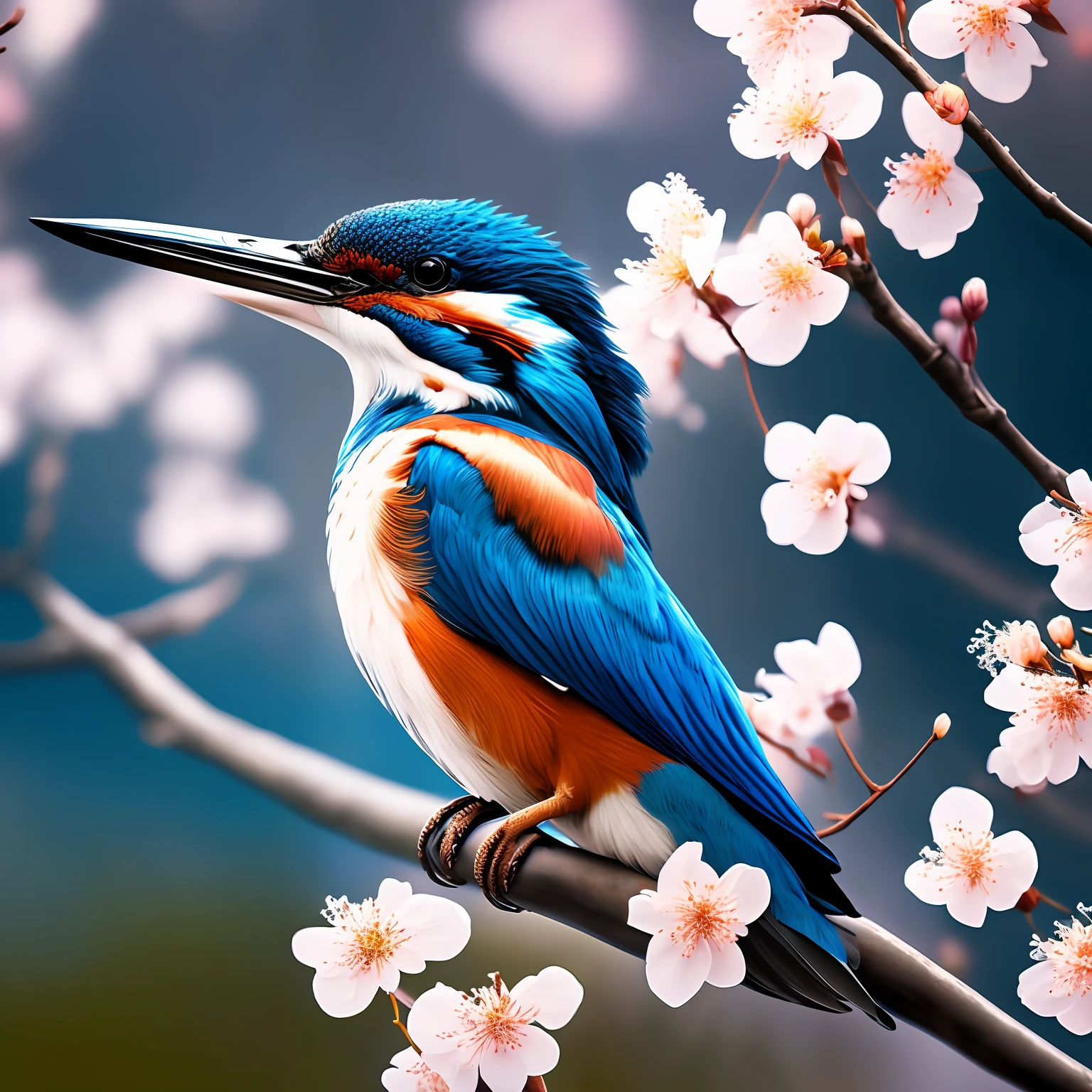 The best kingfisher approaches the white cherry blossoms with buds on the branches，darkly，zori，复杂，Uptrend，pastel colour，oil painted，award winning photography，bokeh，depth of fields，HDR，blooms，color difference，真实感，The is very detailed，Artstation trends，CGSociety trends，复杂，high detal，dramatics， --auto