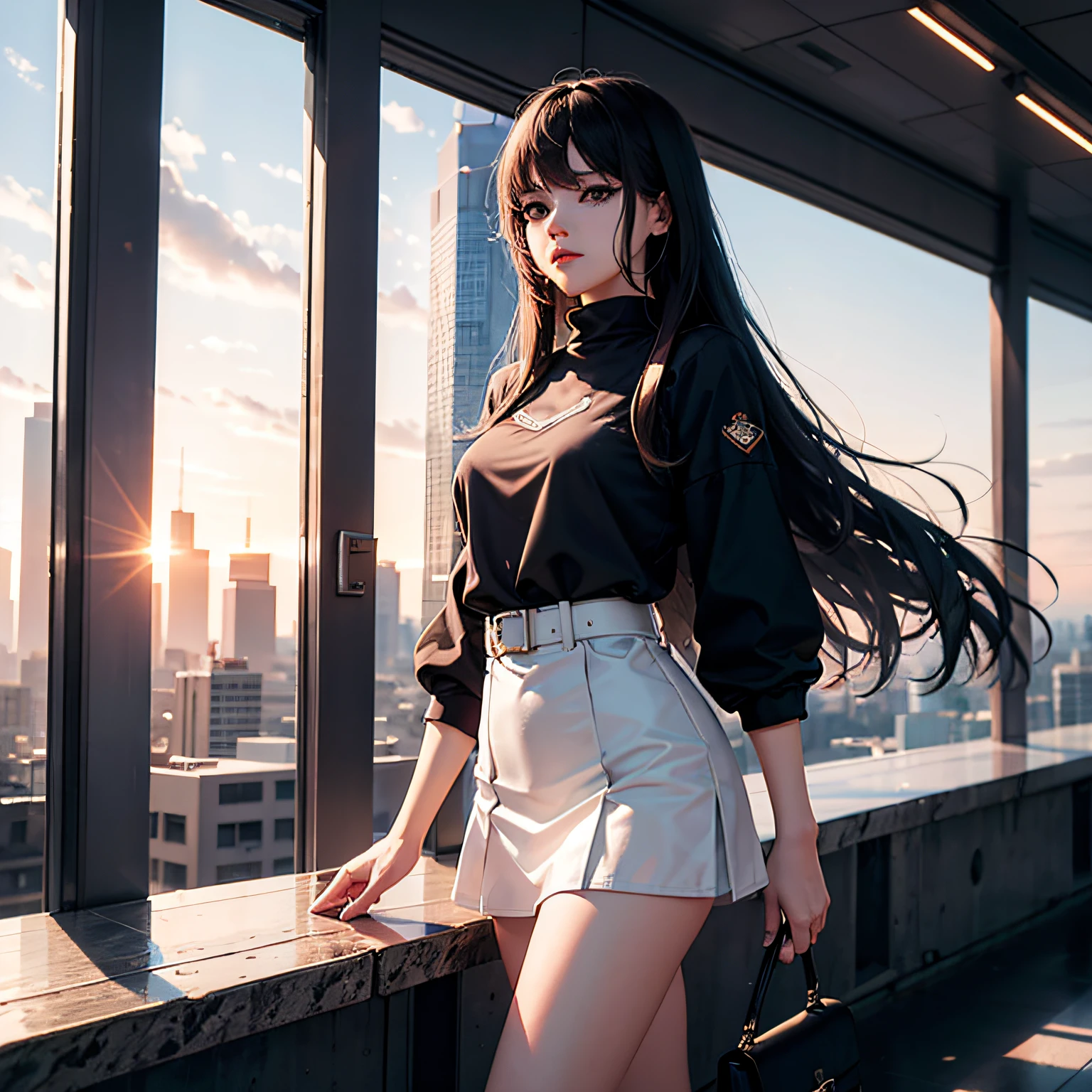 A teenage girl,Wearing a miniskirt at sunrise in a tall building,Masterpiece level,Delicate and beautiful CG illustration,Delivers ultra-high image detail and quality。 --auto