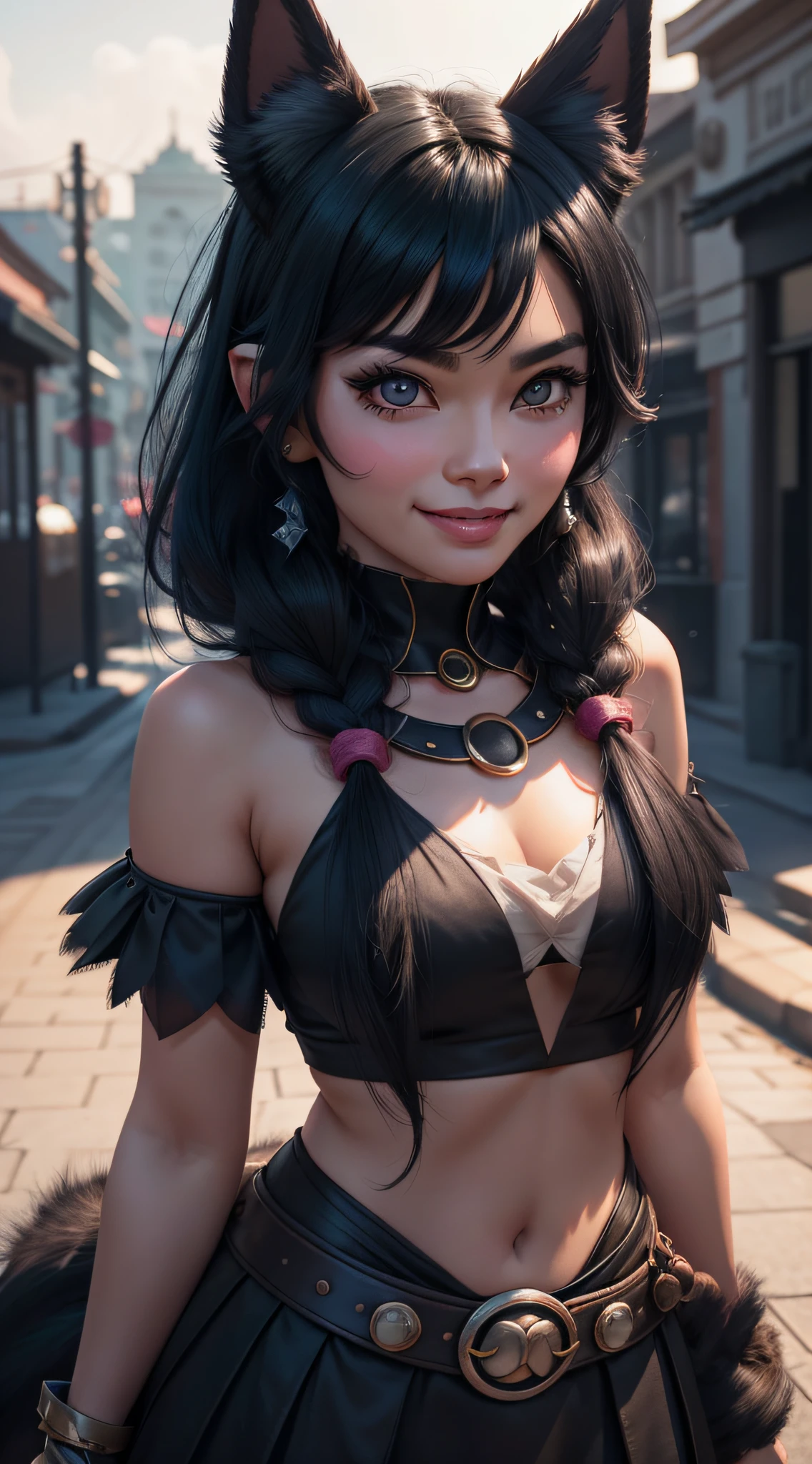 black hair, hair bobbles, wince, longeyelashes, solid circle eyes, fake animal ears, light smile, ear blush, fang, Surrealism, drop shadow, anaglyph, stereogram, tachi-e, pov, atmospheric perspective, 8k, super detail, ccurate, best quality