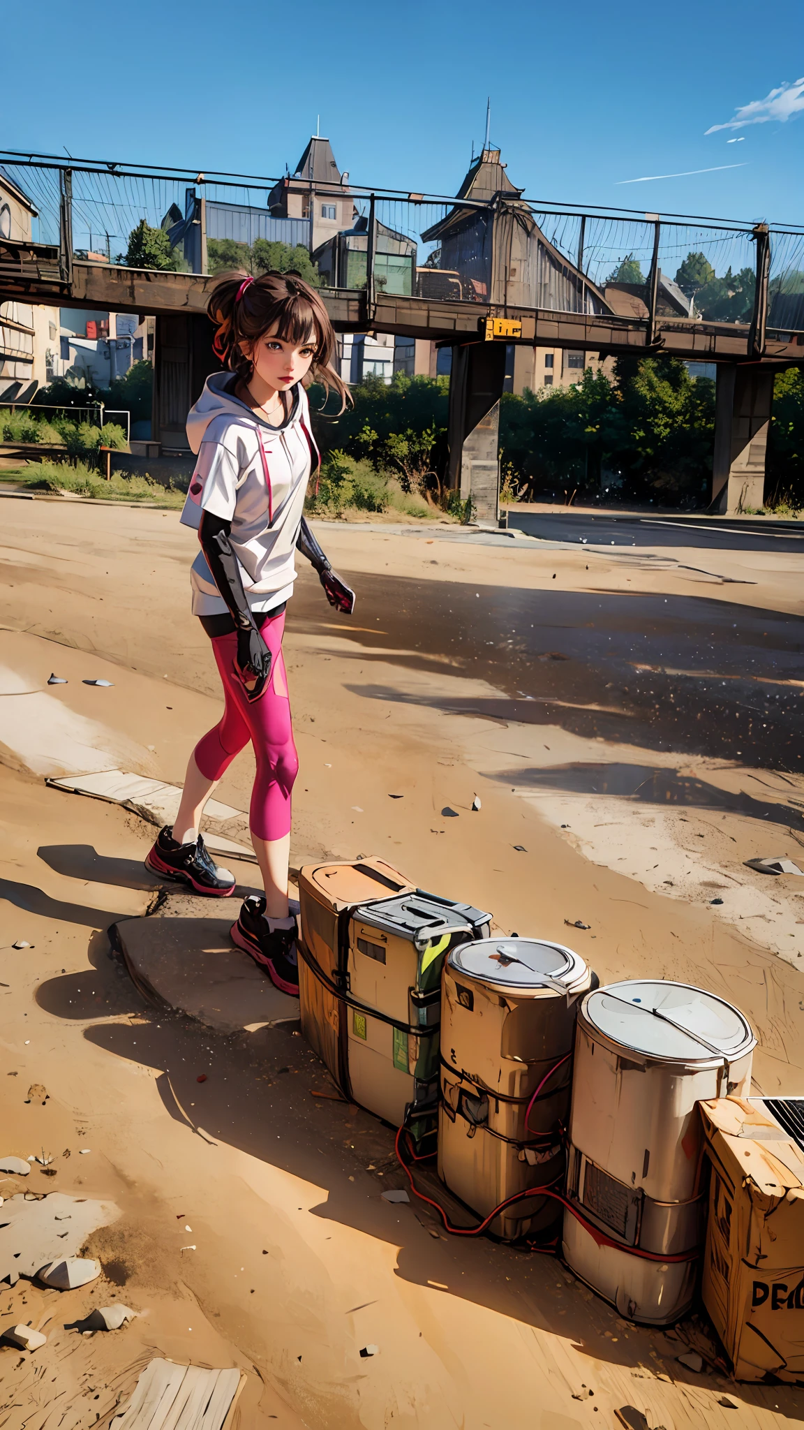 hologram of long shot scenic professional photograph of city pedestrian, selfie, mechanical arm, prosthetic arm, colored hair cyber ware, cyber implants, biotechnology, cables attached to the neck, high detail, intricate clothing, plastic fabric, tech wear, busy background, polluted city (dark shot:1.1), epic realistic, gradient yellow, black, brown and magenta color scheme, grunge aesthetic!!! graffiti tag wall background, art by greg rutkowski and artgerm, soft cinematic light, adobe lightroom, photolab, hdr, intricate, highly detailed, (depth of field:1.4), faded, (neutral colors:1.2), (hdr:1.4), (muted colors:1.2), hyperdetailed, (artstation:1.4), cinematic, warm lights, dramatic light, (intricate details:1.1), complex background, (rutkowski:0.66), RAW candid cinema, 16mm, color graded portra 400 film, remarkable color, ultra realistic, textured skin, remarkable detailed pupils, realistic dull skin noise, visible skin detail, skin fuzz, dry skin, shot with cinematic camera, perfect viewpoint, highly detailed, wide-angle lens, hyper realistic, with dramatic sky, polarizing filter, natural lighting, vivid colors, everything in sharp focus, HDR, UHD, 64K floating in space, a vibrant digital illustration, dribbble, quantum wavetracing, black background, behance hd