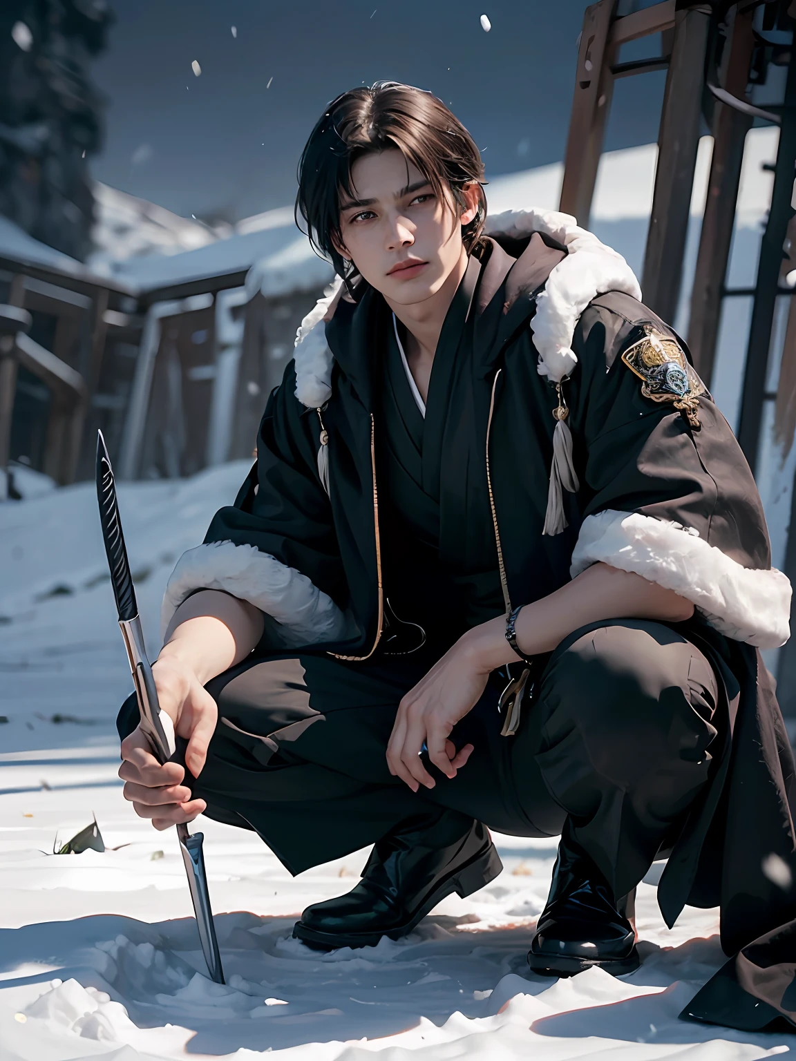 (More than half body), 1man, king of Frost, stern and emotionless, golden eyes black robe, solo focus, adult, pale and young adult face, short black hair, black silk robe, realistic, dynamic pose realistic, detailed and correct facial structure, snow falling, squat down on snow land, slightly smirk, blades ornaments, frost mountain, LEON S. KENNEDY, handsome, attractive, slightly muscular, cinematic lighting, unreal engine, trending on ArtStation, intricate details, masterpiece, best quality, by Irakli Nadar, Greg Rutkowski,(((best quality))),(((ultra detailed))),(((masterpiece)))