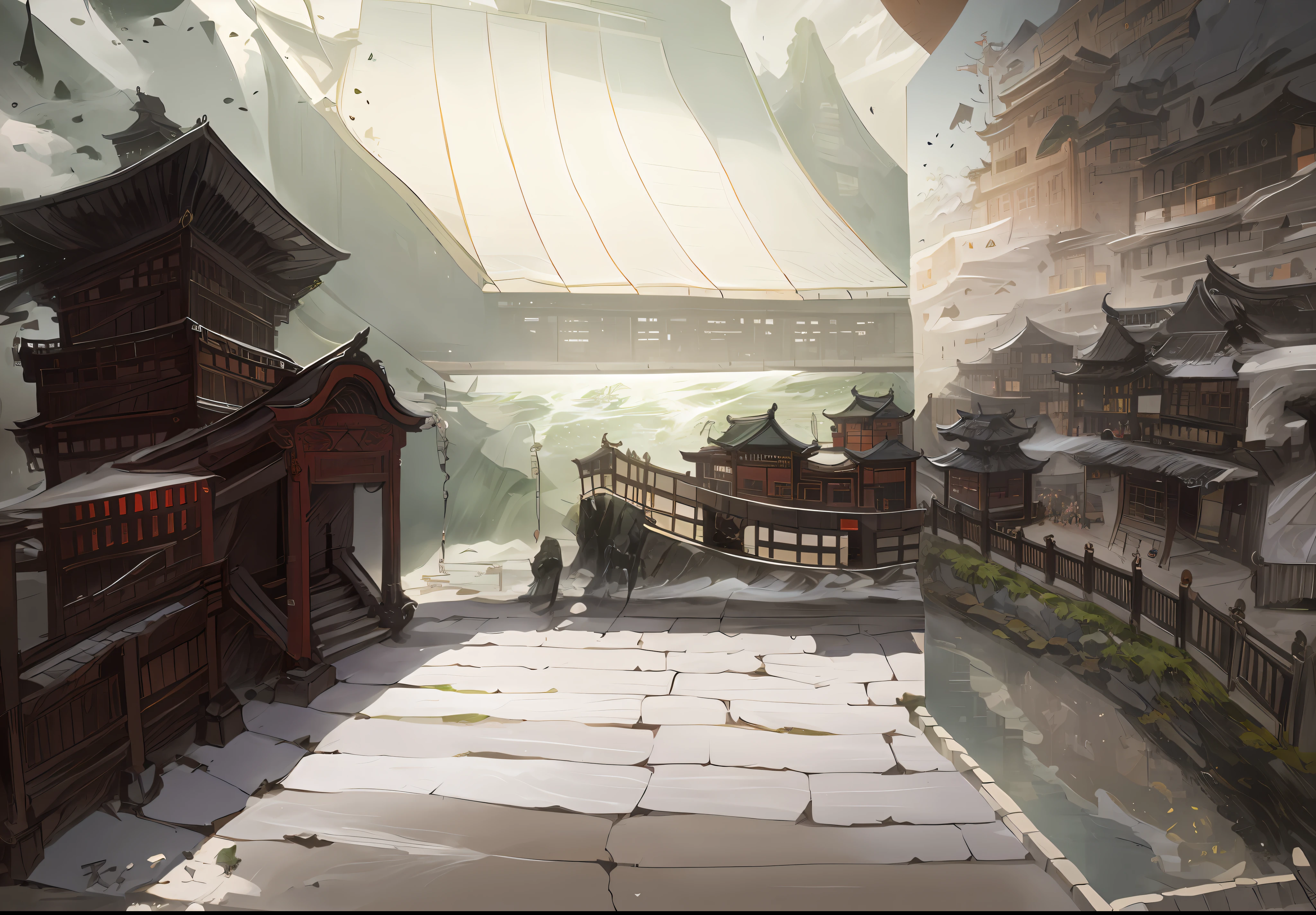 There are streets with fences and buildings in the landscape,An interior space,The theme is about the ancient Chinese goddess Mazu and Fujian marine culture,The wall on the right is a projection screen,On the left are part of the ancient building structure and part of the projection building screen,In the distance is a large LED screen,Inside is a picture of Zheng He's big ship sailing on the sea,immersed,An ancient Chinese painting, ancient chinese background, Pavilions, rays of sunshine, tmasterpiece, super detailing, Epic composition, hyper HD, high qulity, extremely detaile, offcial art, 统一 8k 壁纸, super detailing, 32k -- v 6