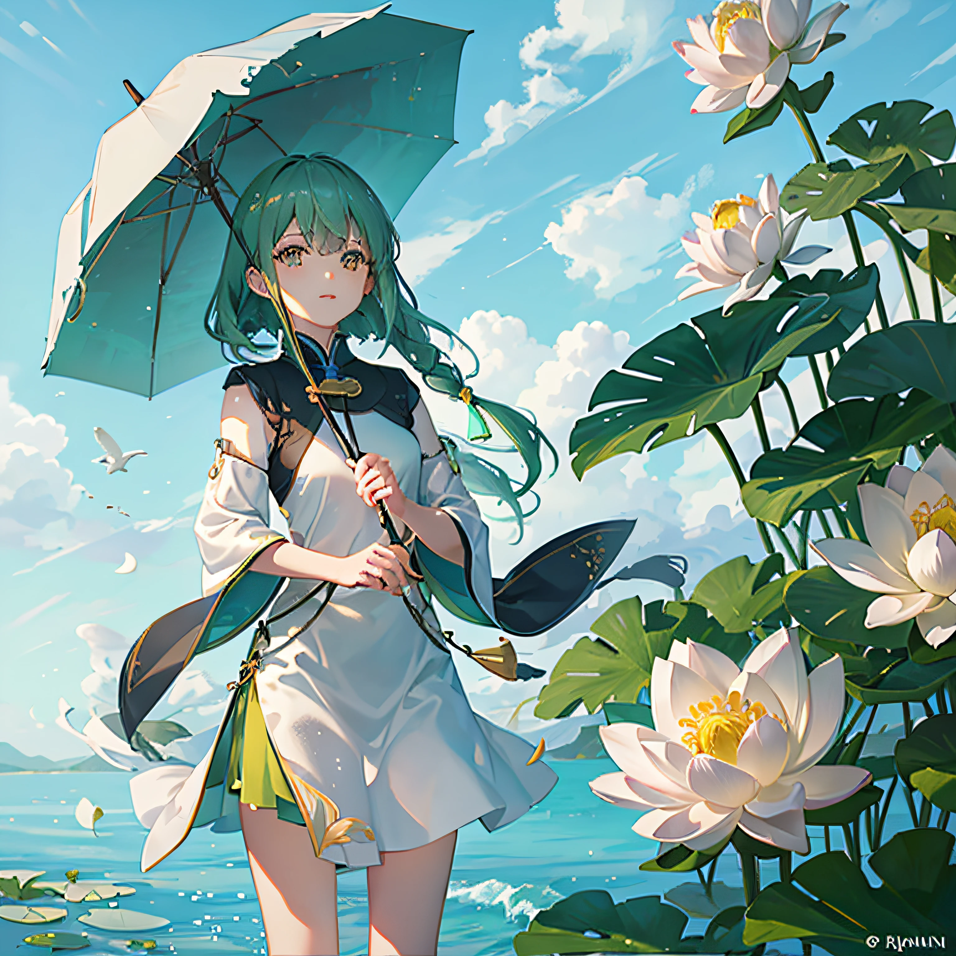 ancient wind,Lotus,Miss Qianjin,holding a umbrella,rays of sunshine,green color,Real Human --auto