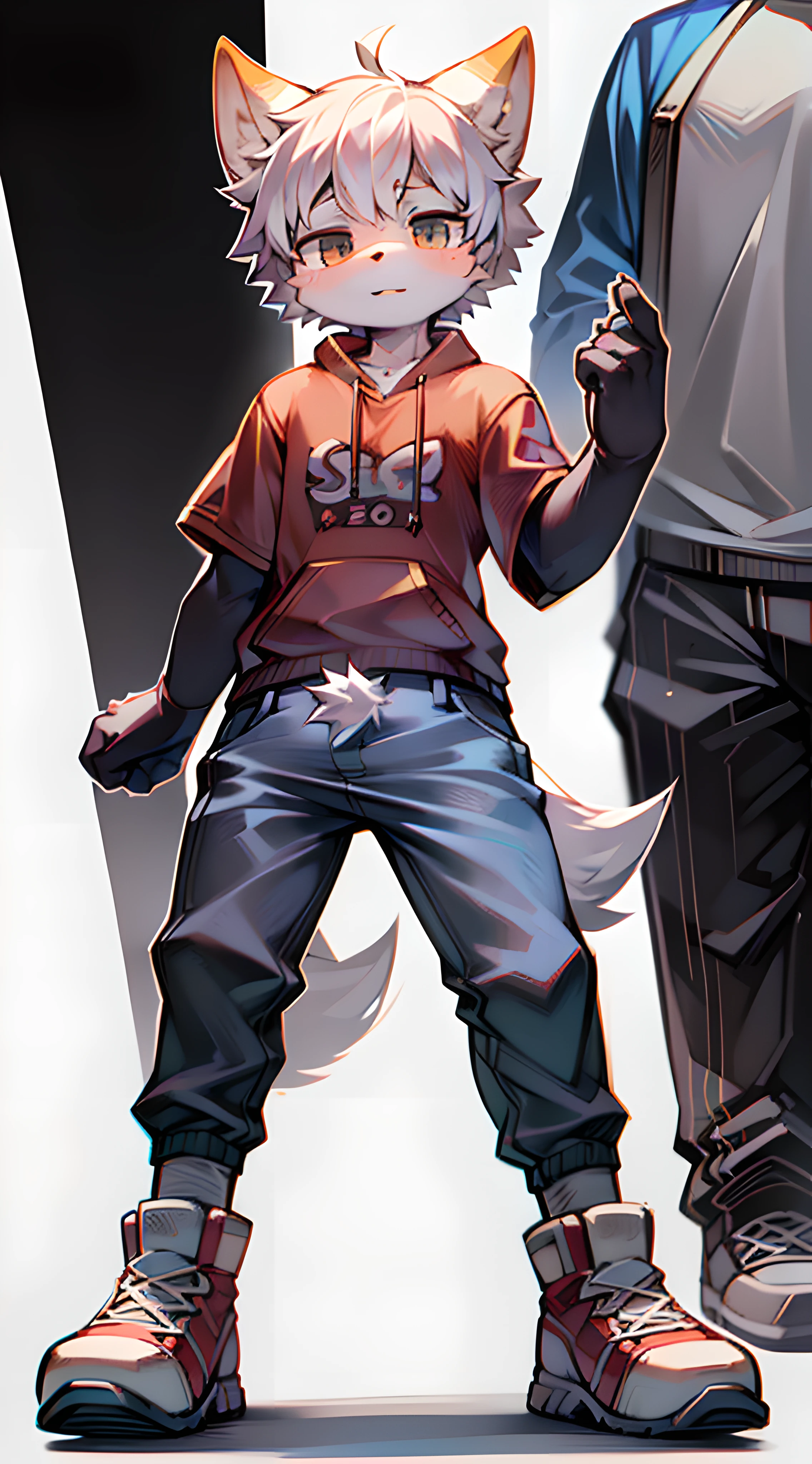 full body Esbian　From head to shoes　Shota　Raise bangs　No bangs　The right outfit　Dobodobo Pants　Oversized high-cut sneakers　Beastman　White ears　Hybrid of wolf and man　kawaii　Deformed　White background　　Stand up straight　Highest image quality　８K　Straight in front　Put your hands down