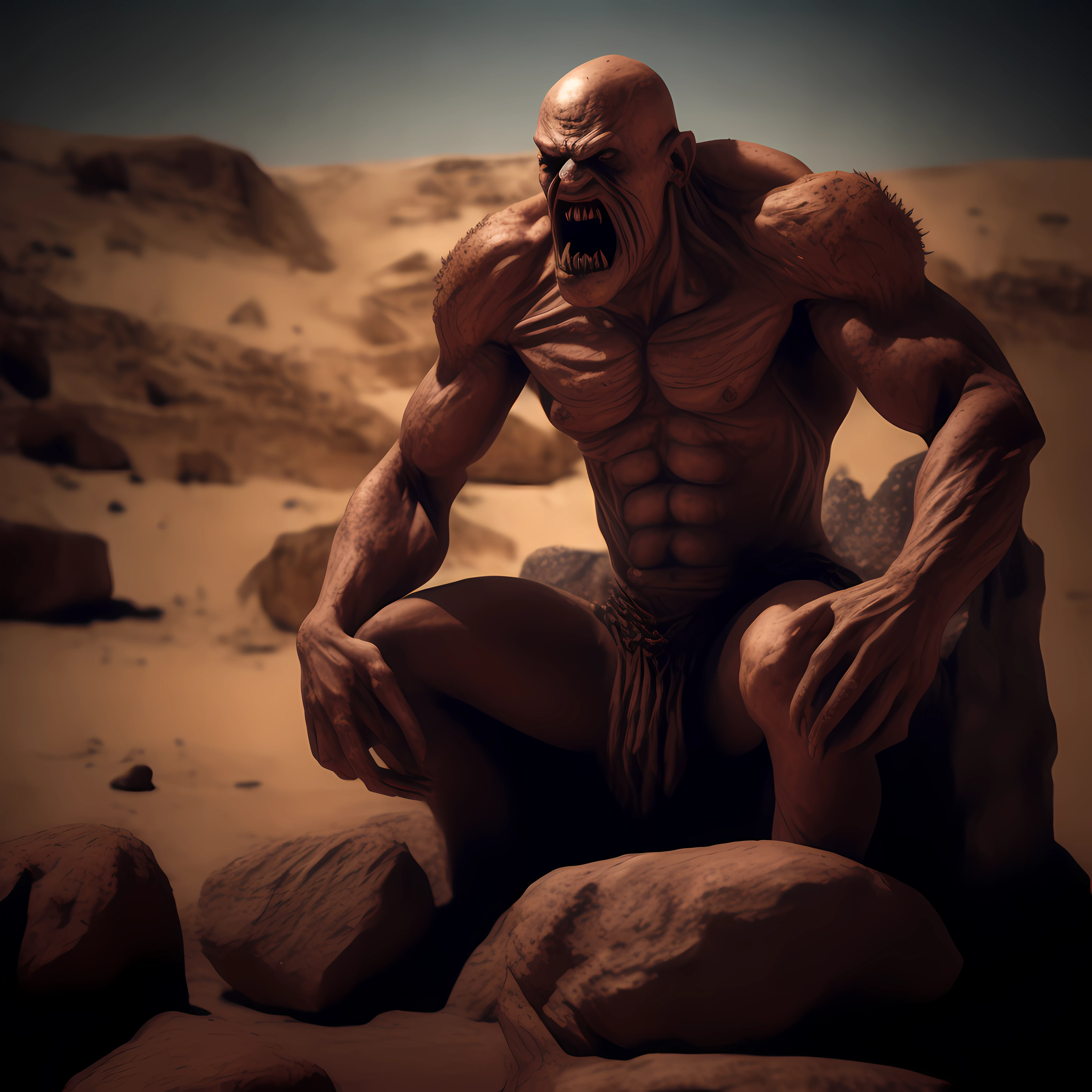 Um homem gigante musculoso feito de areia, is sitting on a stone throne. (still image, alta qualidade, grande detalhamento, textura de pedra realista, lighting dramatic, desert ambience, enquadramento amplo, cor dourada)
