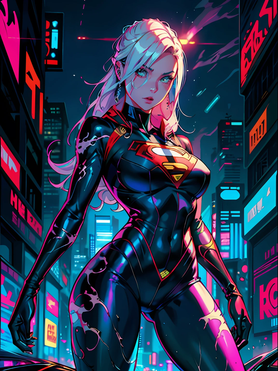 a digital painting of supergirl merging with venom, long hair, cyberpunk art by Josan Gonzalez, winner of the behance contest, afrofuturism, synthwave, neon, shiny neon, thick thighs, thin waist, sensual, nsfw, little clothing, erotic art, anime, torn battle clothes, extremely sexualized, sweaty body, NSFW, big breasts, big ass, HD, 8k, High quality, details, perfect body, Highlight the body, detail on the perfect face, detail in the background