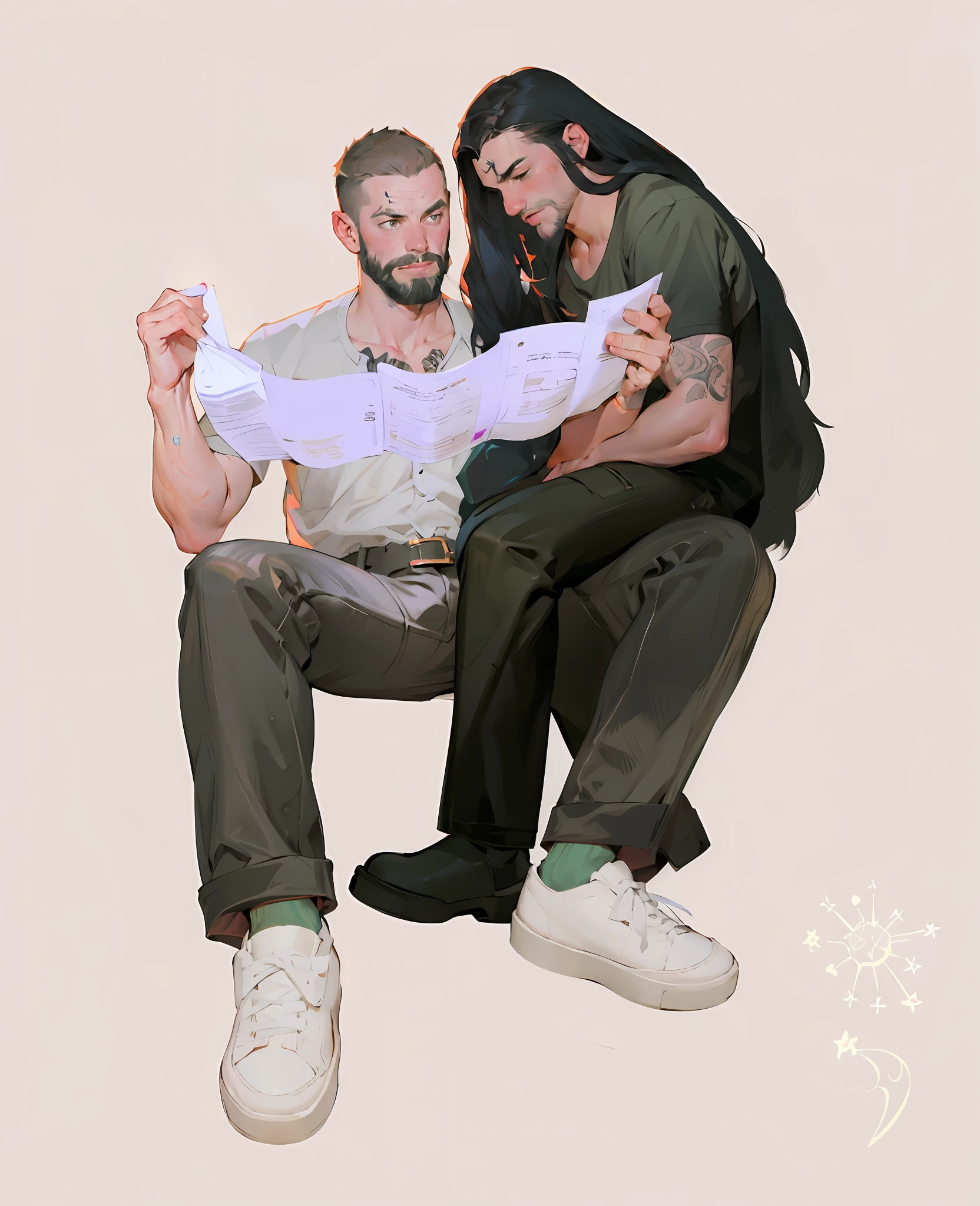 official art, unity 8k wallpaper, ultra detailed, beautiful and aesthetic, High quality, beautiful, masterpiece, best quality, (zentangle, mandala, tangle, entangle:0.6), there are two people sitting on a bench reading a book, petros and leonid, ruan jia and joao ruas, fan art, charli bowater and artgeem, high quality fanart, bob larkin and tomer hanuka, rob rey and kentarõ miura style, phil noto and james jean, full color illustration, beards, sheet music, 2boys, male, music hall,