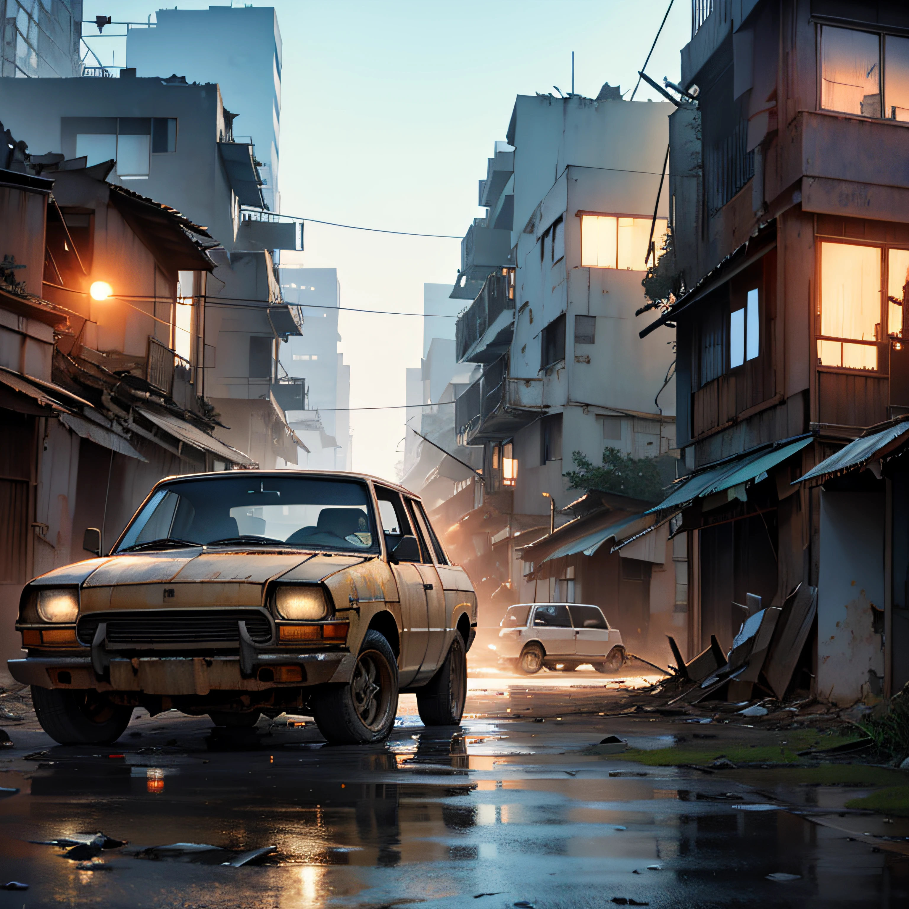 Dilapidated city,tanks,Scrapped vehicles,nigth,salama