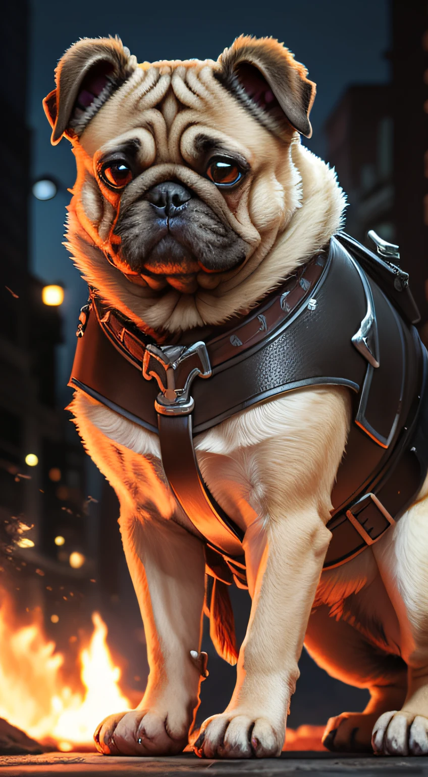 1Warrior pug breed dog in black armor covering his pectoral and paws ,bravo e com uma espada ,8k realista,em uma cidade antiga a noite (fogo) ,cores noturnas ,Bottom-up angle, cinemactic