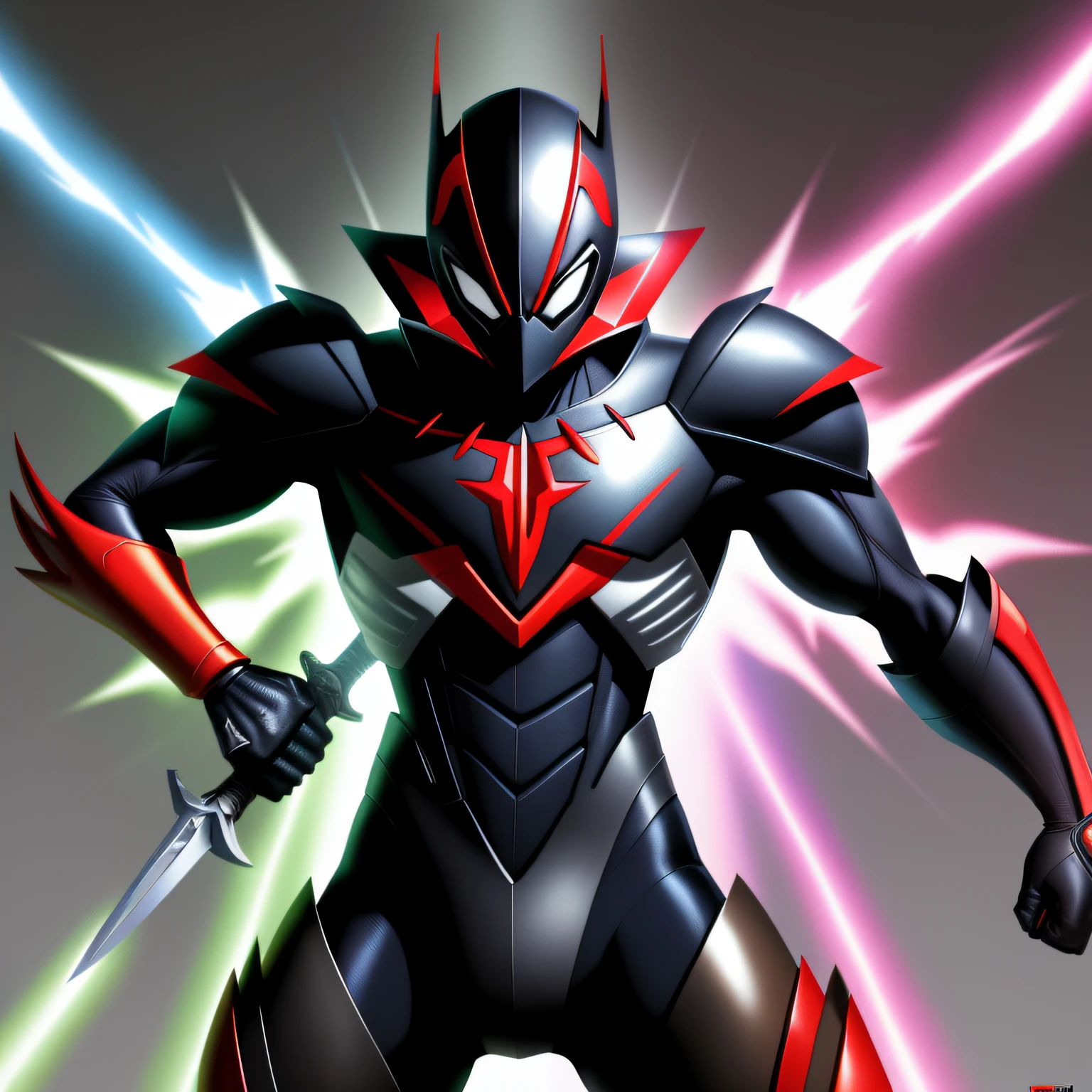 A closeup of a person with a sword in a comic book, SSSS.Gridman, Mazinger, Roupa X-Force de corpo inteiro, foto do perfil, Miles Morales, next gen, armadura refletida preta e vermelha, Arte completa, Estilo SSSS.Gridman (2018), Miles Morales, Gere o logo do uniforme com um X e o cinto de utilidades com um X no meio, mascara fechada!!!