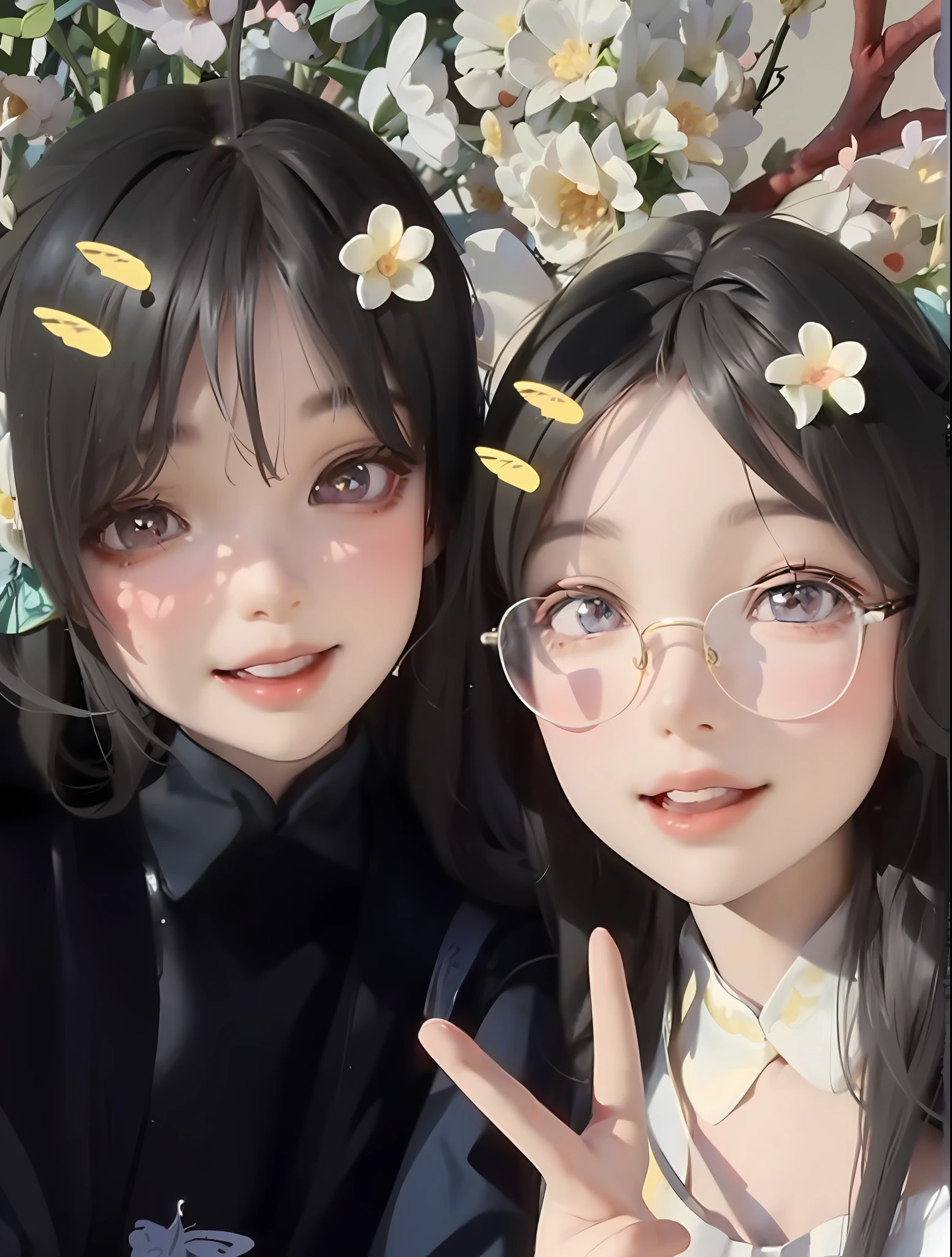 A charming little girl with a backpack is enjoying a lovely spring outing with her adorable puppy, surrounded by beautiful yellow flowers and nature. The illustration is a high definition illustration in 4K resolution, with very detailed facial features and cartoon-style visuals, (butterfly dance)