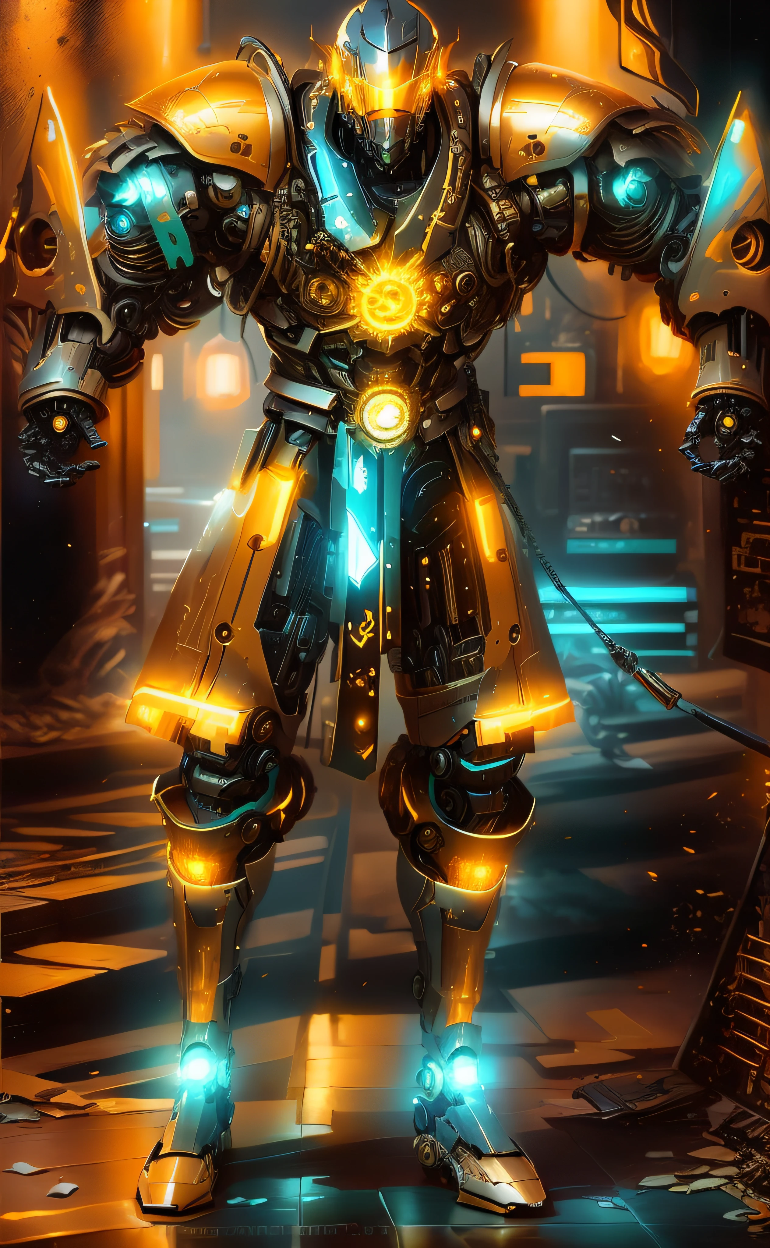 A closeup of a robot with shiny armor on a tiled floor, intrincada armadura mecha brilhante, luzes brilhantes na armadura, Retrato completo de Electromancer, painterly humanoid mecha, Retrato de Rung, clothed in cyber armour, deep cyberpunk mechanoid, orange and cyan lighting, intrincada armadura de mecha assasin, intrincada armadura mecha