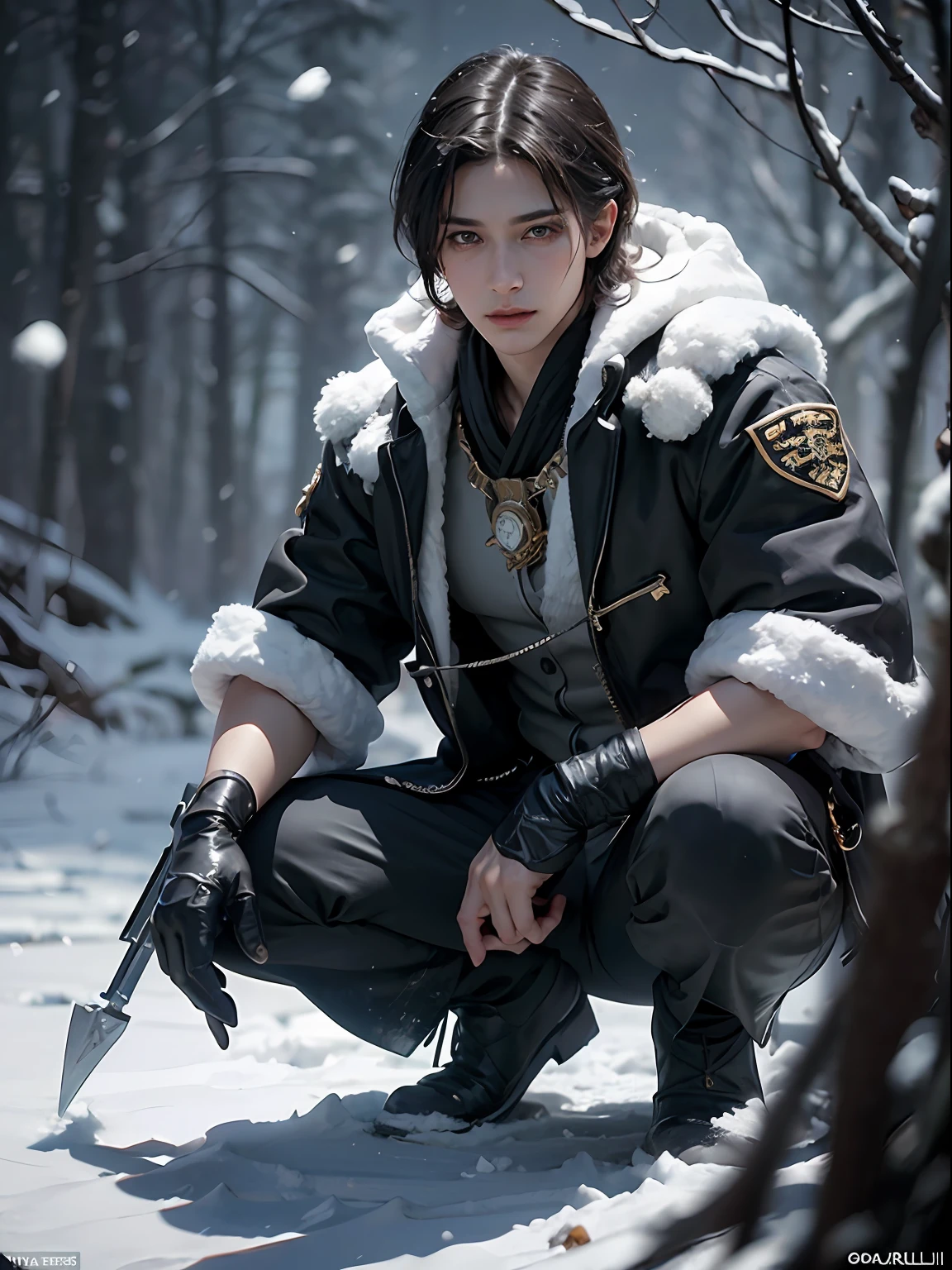 (More than half body), 1man, king of Frost, solo focus, adult, pale and young adult face, short black hair, black silk robe, realistic, dynamic pose realistic, detailed and correct facial structure, snow falling, squat down on snow land, slightly smirk, blades ornaments, frost mountain, LEON S. KENNEDY, handsome, attractive, slightly muscular, cinematic lighting, unreal engine, trending on ArtStation, intricate details,  masterpiece, best quality, by Irakli Nadar, Greg Rutkowski，(((best quality))),(((ultra detailed))),(((masterpiece)))
