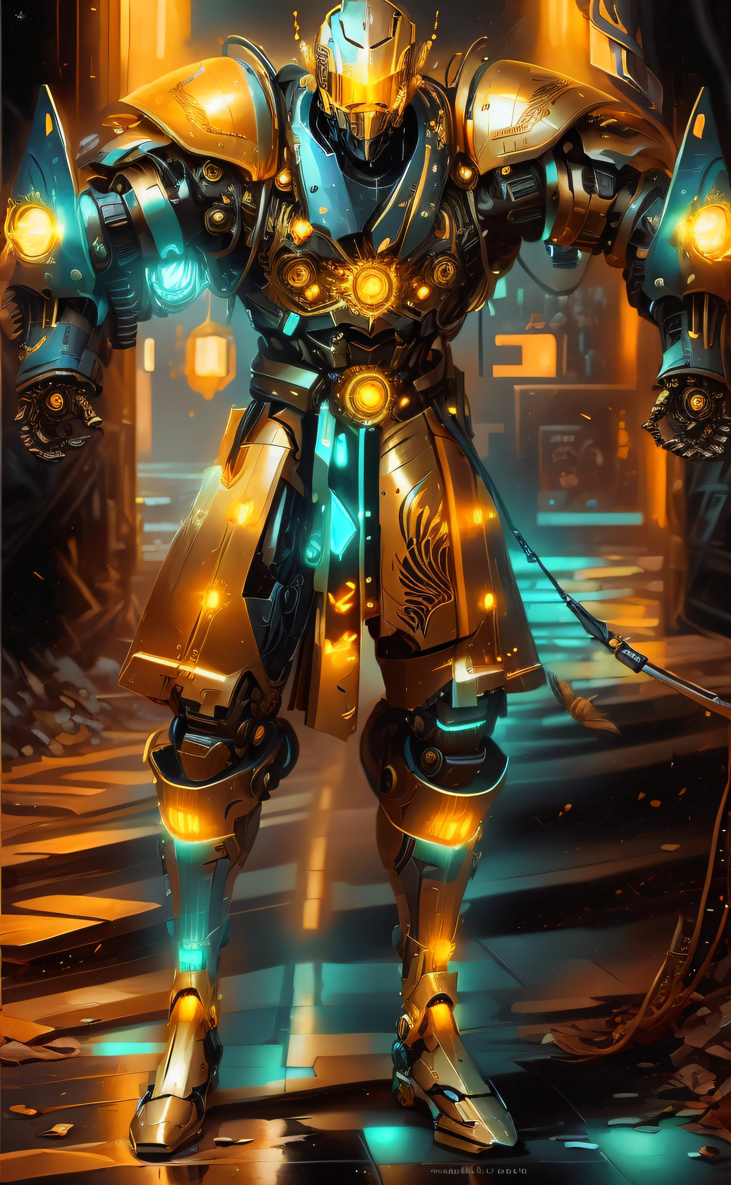 A closeup of a robot with shiny armor on a tiled floor, intrincada armadura mecha brilhante, luzes brilhantes na armadura, Retrato completo de Electromancer, painterly humanoid mecha, Retrato de Rung, clothed in cyber armour, deep cyberpunk mechanoid, orange and cyan lighting, intrincada armadura de mecha assasin, intrincada armadura mecha