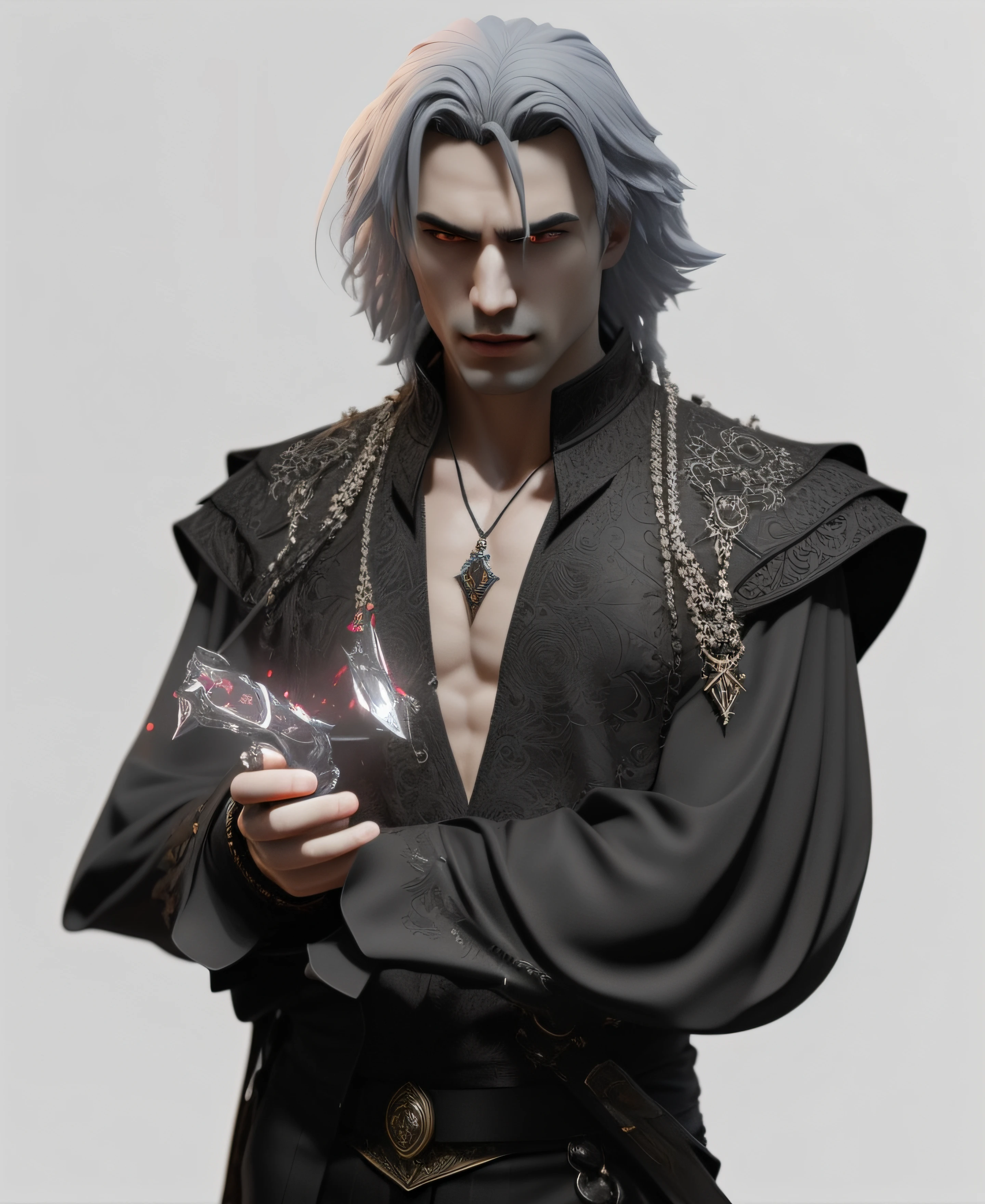 Elegant vampire, gorgeously dressed in a traditional black shirt, with elaborate fabric pleats on his chest and cuffs, and an ancestral ruby necklace on his bare chest,  bloom, ((cold light)), sharp focus, photo realistic, detailed skin, background out of focus, cinematic composition ,  ultra-detailed, realistic , hyper-realistic , volumetric lighting, 8k, trending on artstation