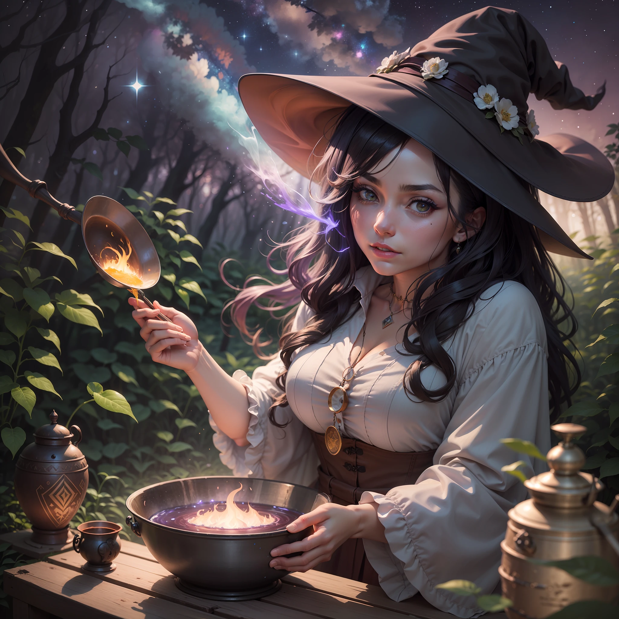 An extremely beautiful witch brewing her potion in the woods using a cauldron, under the starry night, with a mesmerizing aura and vivid magical effects.