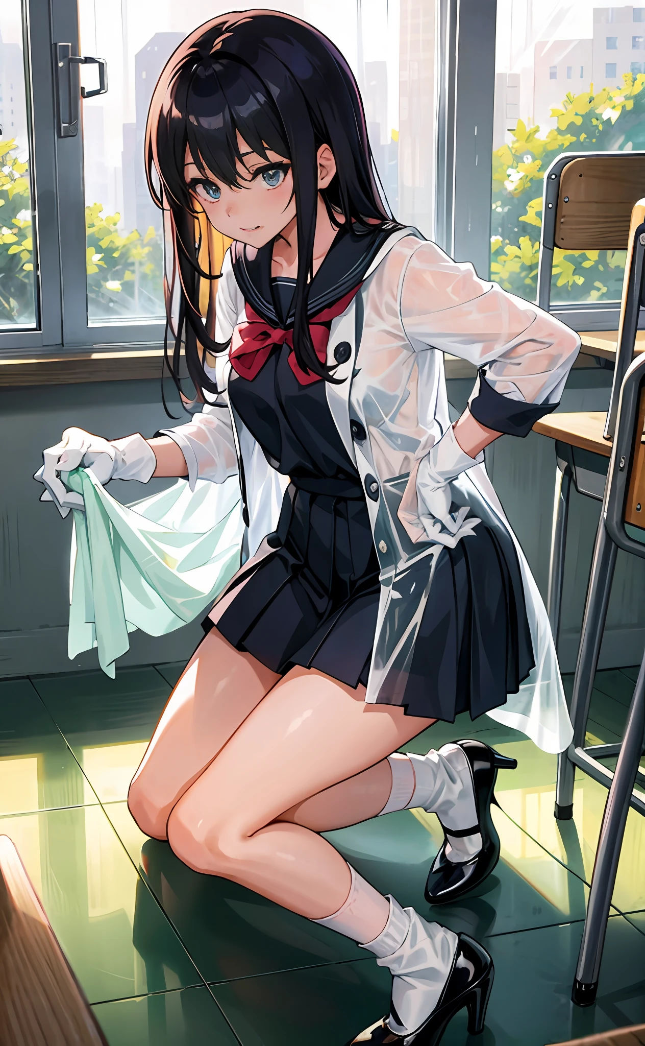 Anime schoolgirl kneeling on classroom floor wearing gloves, Wearing white socks,Black high heels, Wear a transparent raincoat,Wearing white gloves,Rag in hand,Cleaning desks and chairs