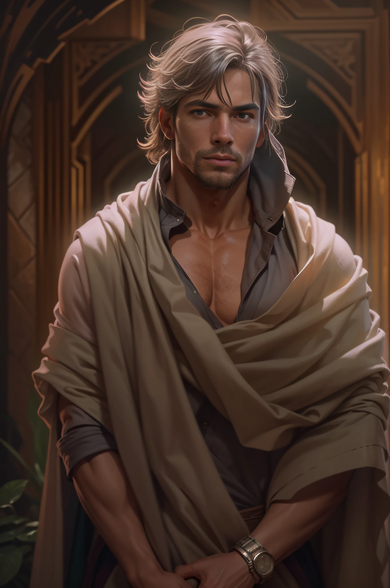 Man wrapped in old dirty cloth, wide angles, ((Detailed environment)), Muscular, Handsome, Detailed background, Lifelike, ((Highly detailed)), ((Intricate)), Detailed face, Natural colors, ((((professional color graded)))), Photorealism, 8K, crisp lighting, trending on tumblr, art by artgerm and greg rutkowski and alphonse mucha and loish and WLOP
