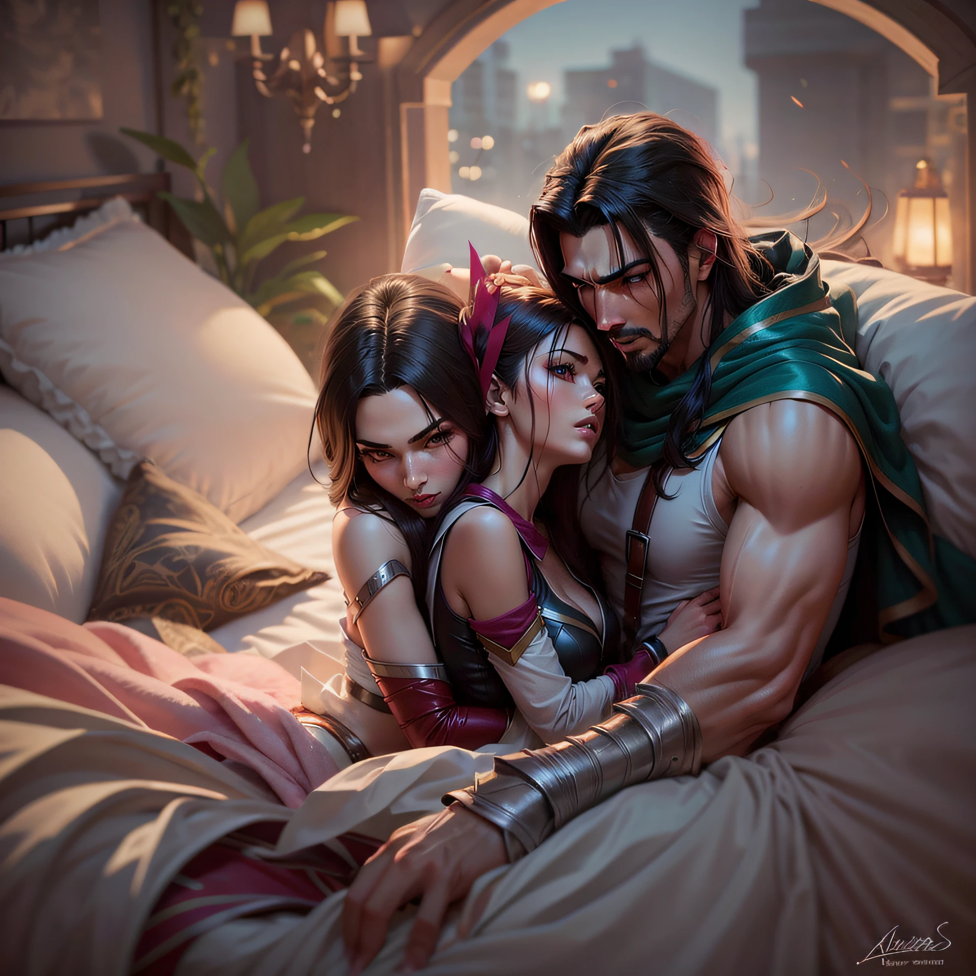 sylas and akali hugging bed 2people
