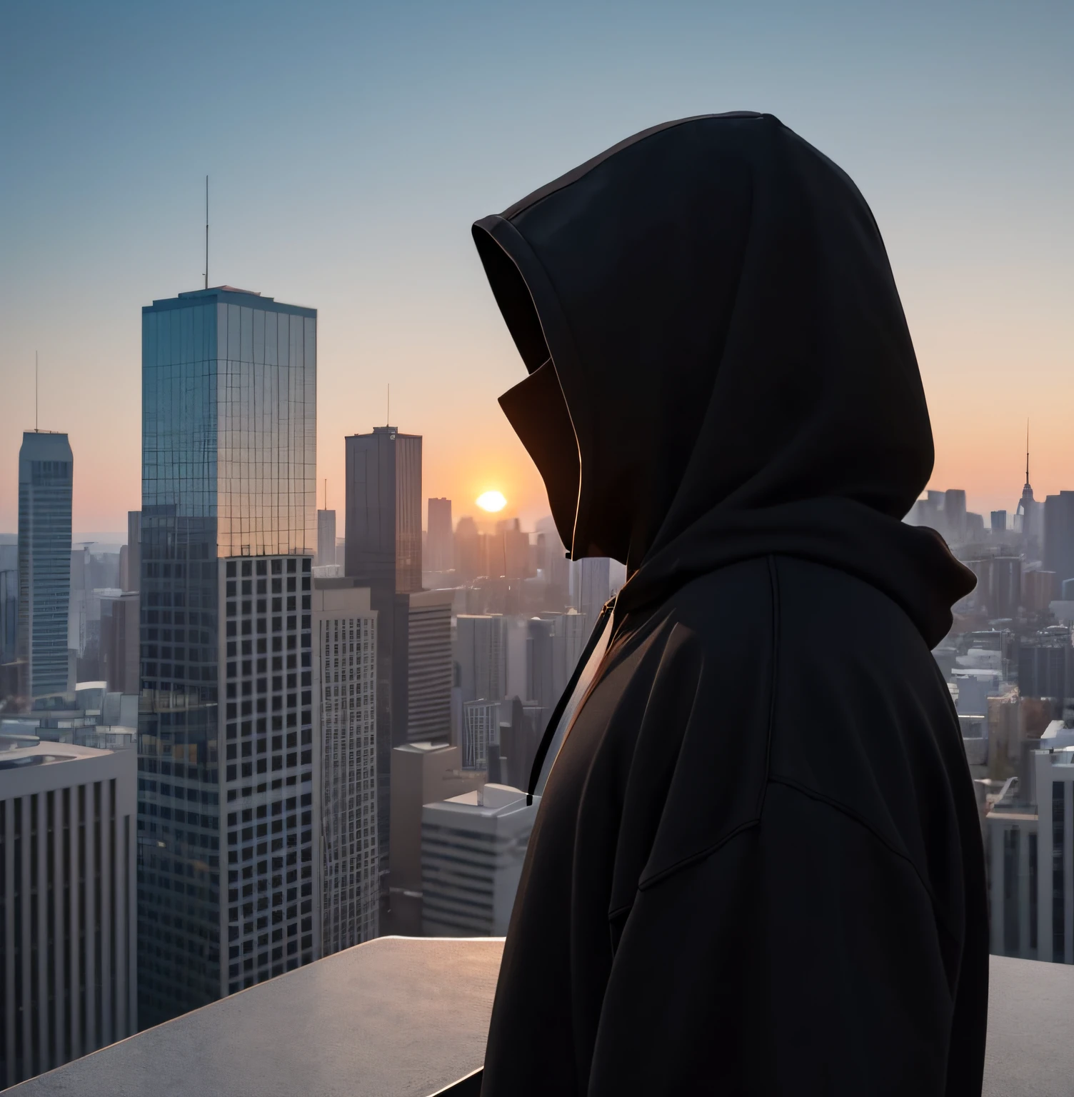 One was wearing a black sweatshirt、A man in a hood in a sweatshirt stands on the top of the building，，There is a white pattern on the back of the sweatshirt，In the distance is the setting sun，The man looked into the distance，The man's face is not visible --auto