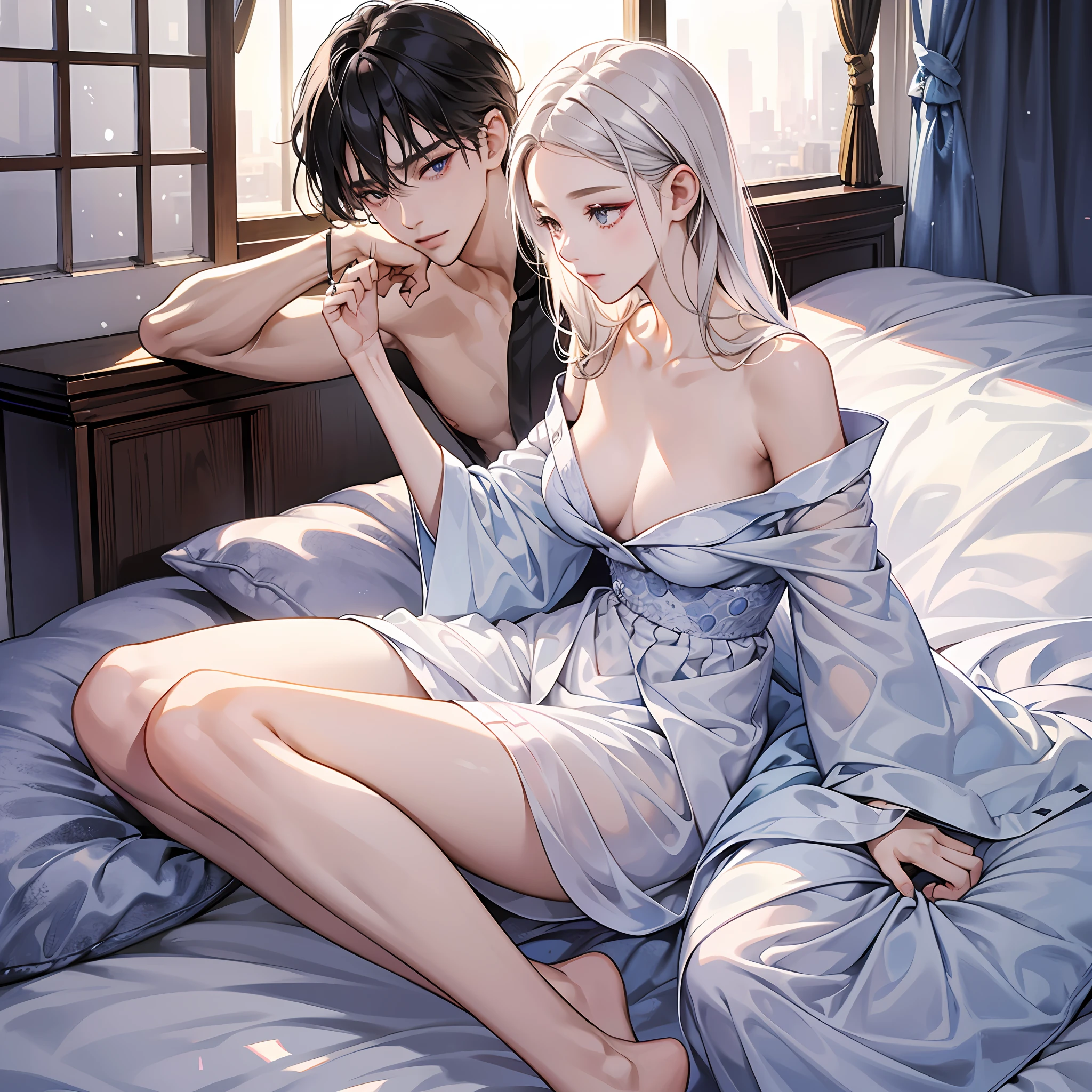 （tmasterpiece，Realiy：1.4），（very intricate：1.2），（from the front side：1.3），Silk underwear（light blues，high-class fashion，Skin-on-skin）Bareness of the underparts，The shoulder strap hangs from one arm，long whitr hair，boobgasm，Hotel，looking at viewert，The expression is a little embarrassed Japan is about ，Stylish makeup，tilts your head， Elegant snow-white sheets sitting in the middle of the hotel， one-girl，独奏，hyper HD，8K UHD，filmgrain，Perfect Human，Exquisitely Detailed Skin，Delicate，A high resolution --auto