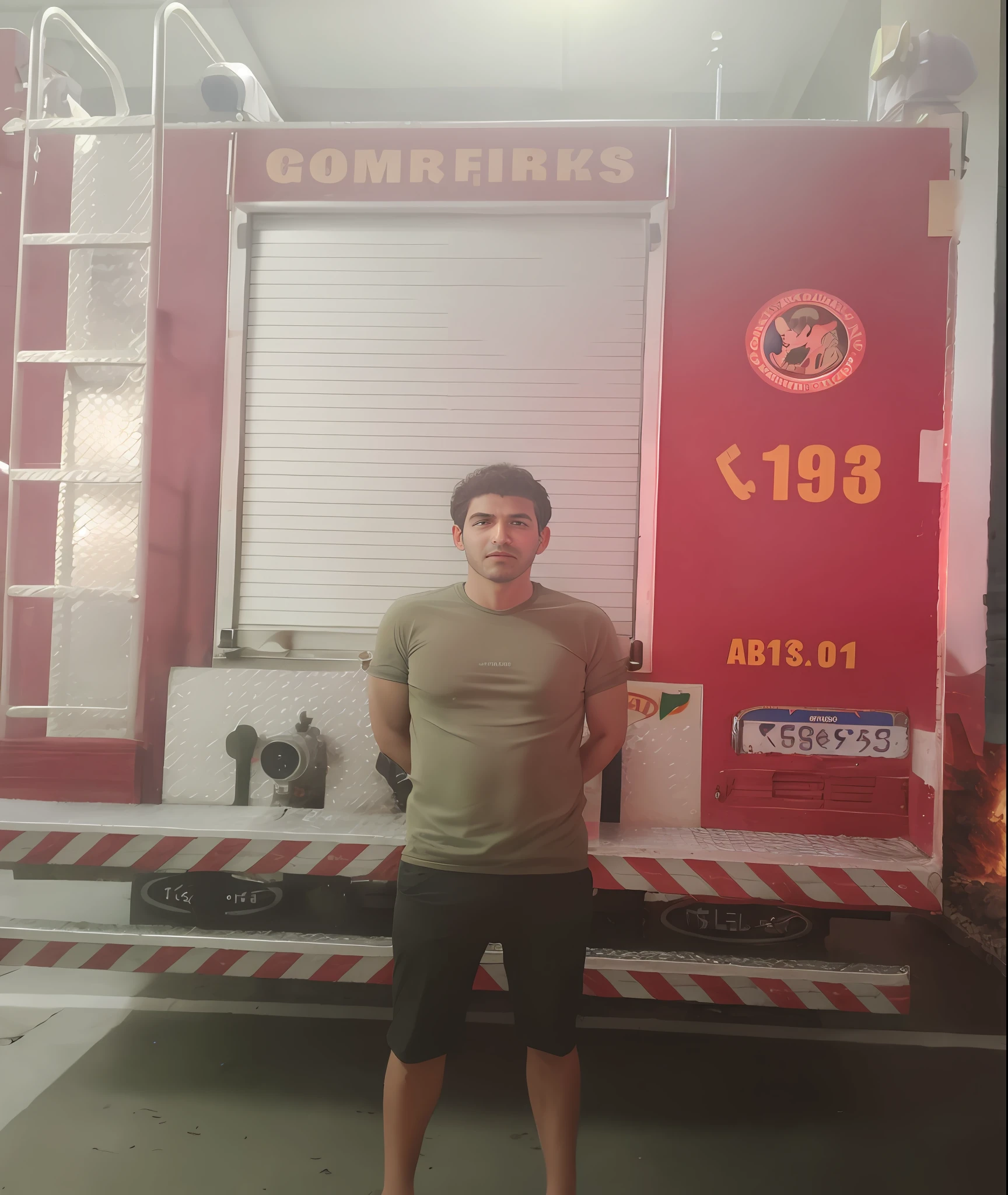 Arafed man standing in front of a fire truck in a garage, mateus 9 5, In Sao Paulo, bombeiro, daniel mirante, Diego Fazio, Playing with a small fire truck, foto ao lado, imagem de qualidade muito baixa, david rios ferreira, by Amelia Peláez, bombeiro, Background Story : Diego Fazio