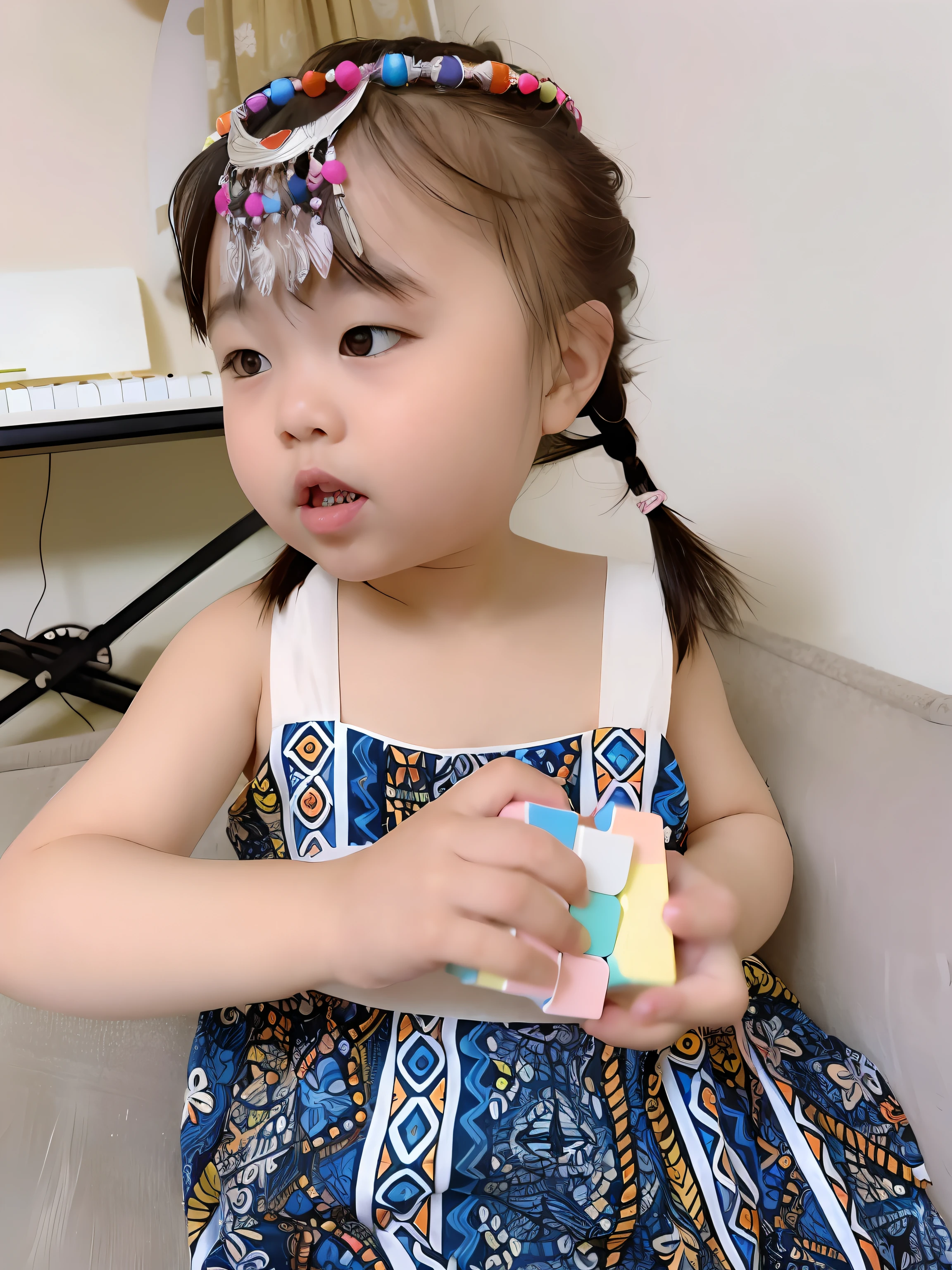(A cute child、Colorful young girl sitting on sofa playing Rubik's Cube,Beautiful little 2 year old girl,kawaii/Minimalist style,Cute and dynamic cartoon style)