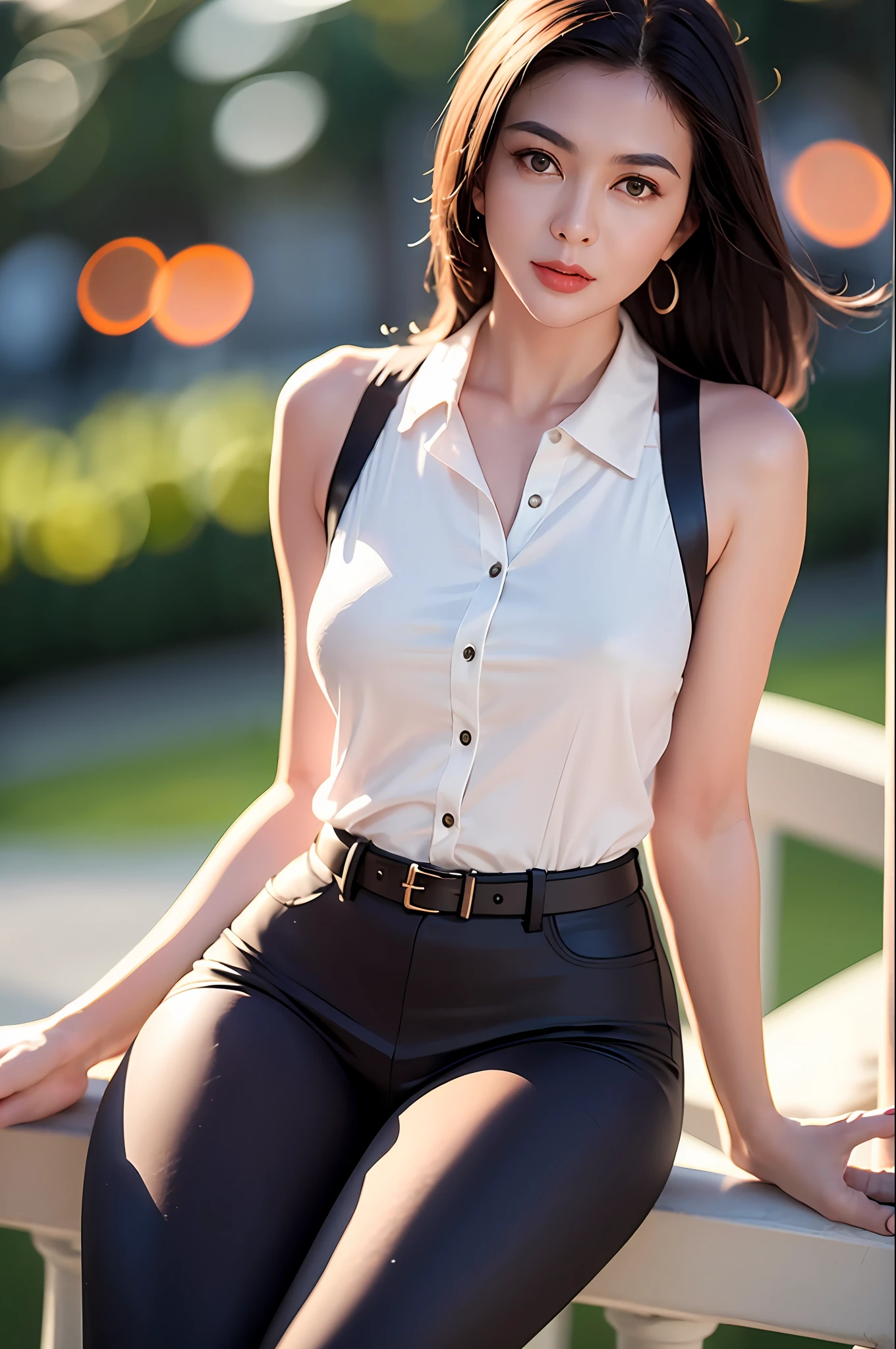 1girl, (looking at viewer),  (bokeh:1.1), parted lips,expressionless, realistic, sitting_on_railing, tights,
pants, skyline,
realistic, llfRosamund Kwan