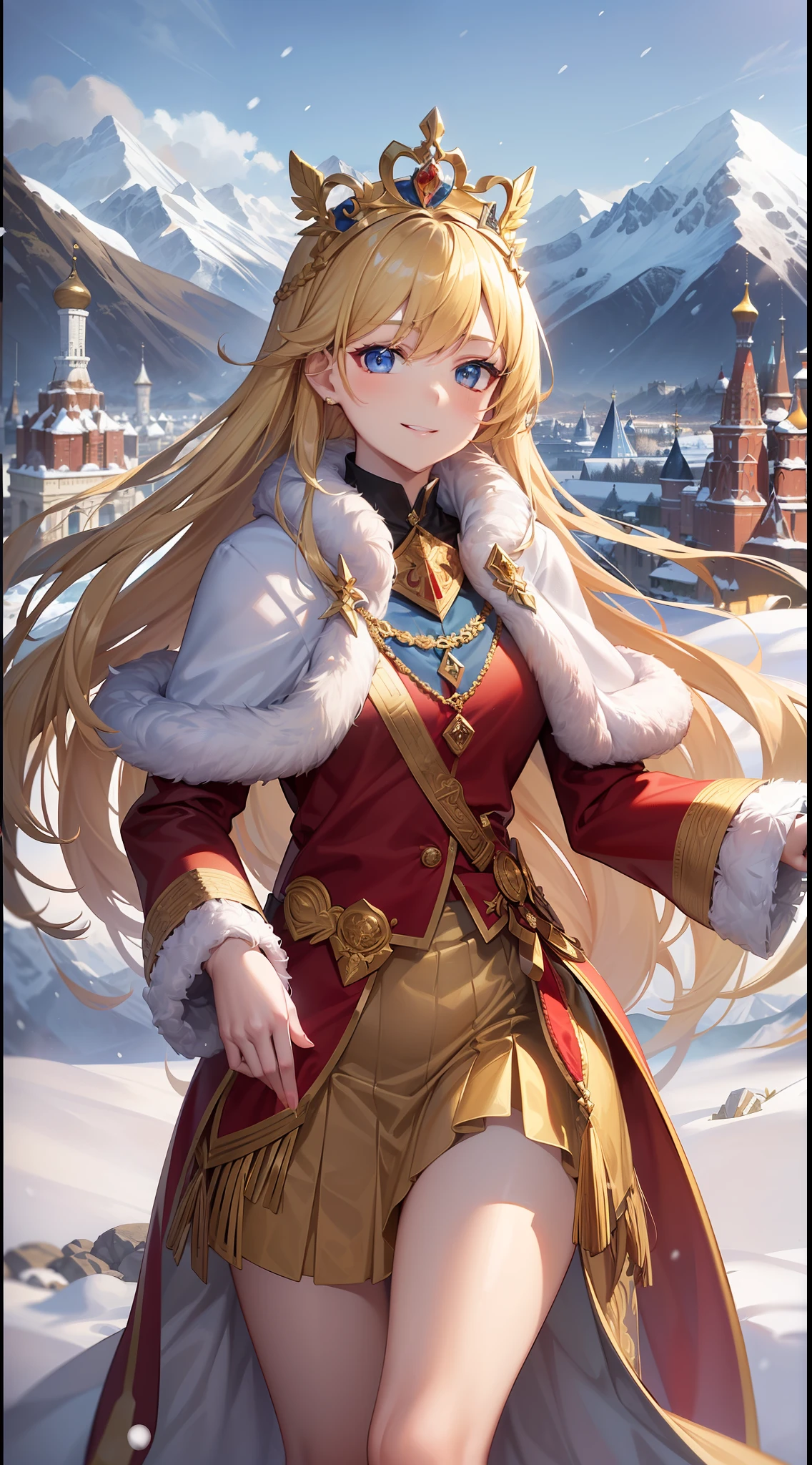 (Golden hair:1.3，Russian style，pelt coats:1.2)，(Elegant princess:1.2)，(Wisdom smile:1.1)，(Fair and delicate:1.1)，(The mountains are covered in snow:1.1),palaces:0.9