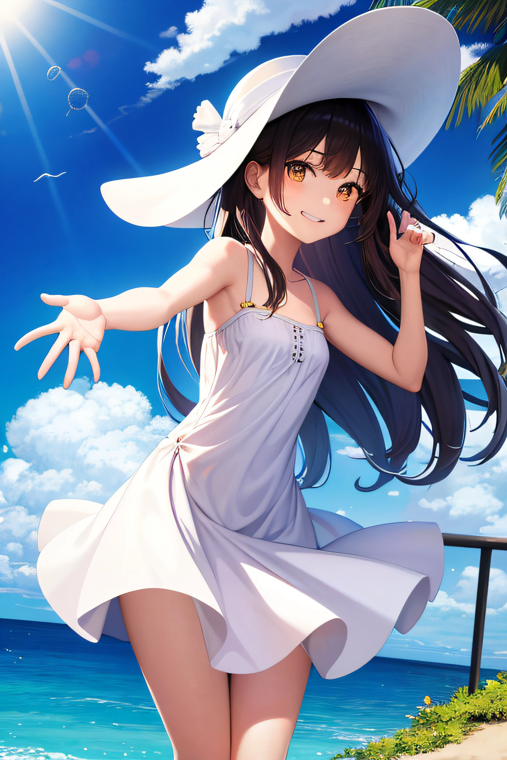 absurdres, 1girl, ocean, railing, white dress, sun hat, smile, (realistic:0.75), (waving:0.9),