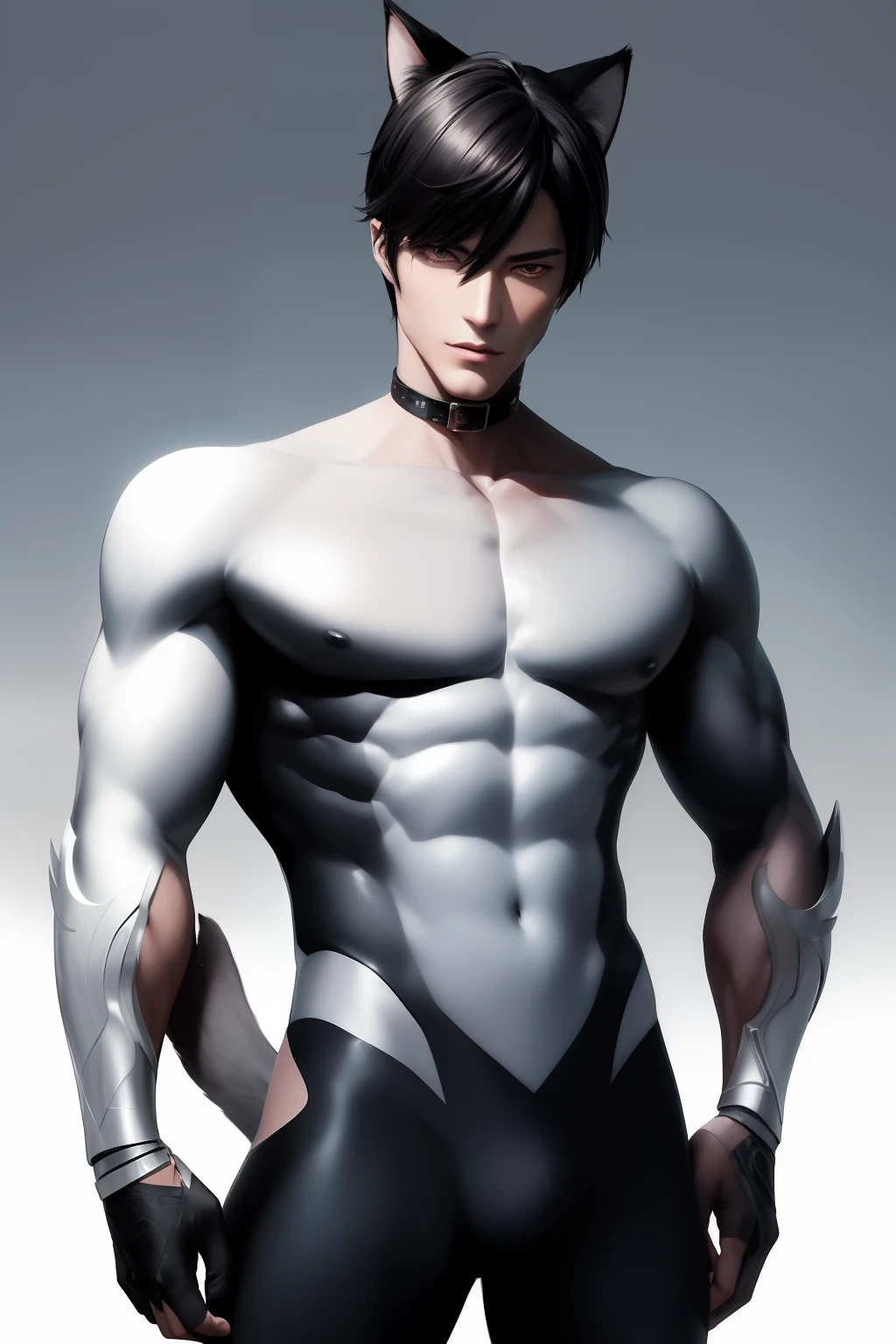 (A sexy cat man)Collar, With smooth skin and perfect lines, Stretch posture,(Iconic male anime character traits),Hazy dark tones,(Artistic image of a handsome man)Charming eyes,(A high resolution)The details are clear,(realisticlying)The image is rendered finely, (simulative)Cinematic texture,Emphasis on handsome appearance and charm。