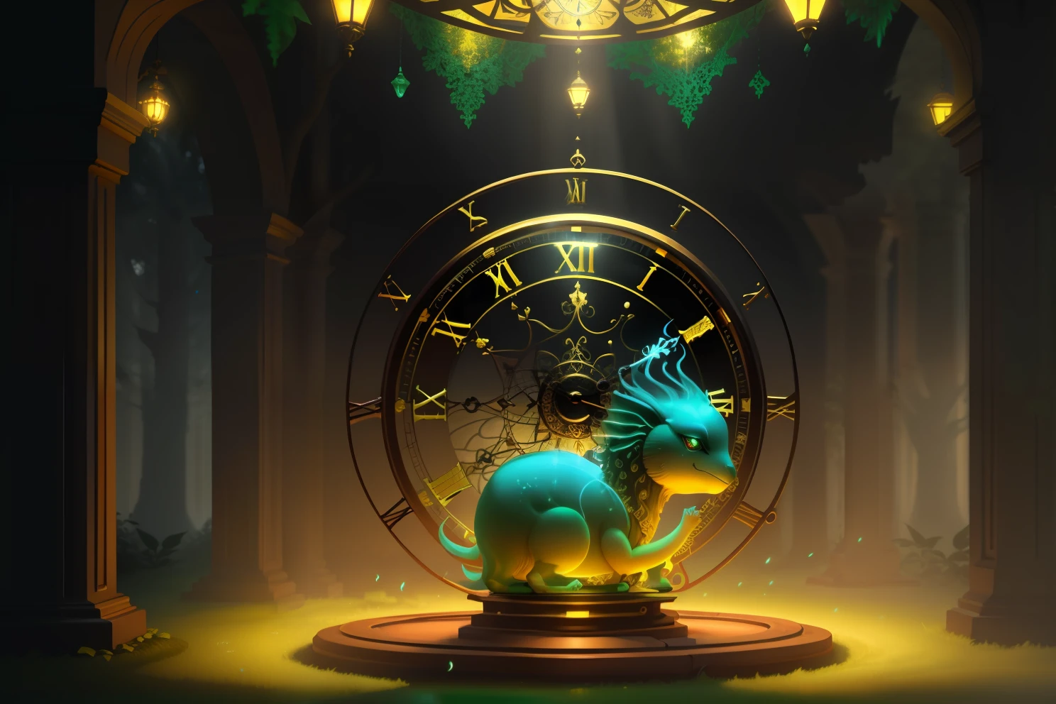 Photo of a large hand holding an antique gold watch, monstro, magia-fantasia-floresta, arte digital, most amazing art in the world, ((sem humanos)), Light Volumetric, cores suaves equilibradas, forest scenario, videiras, uhd, render de octanas 8k, magica, Awesome, ethereal, intrincado, design intrincado, ultra sharp, sombras, cores mais frias, trend in CGSociety, olhos brilhantes, ((melhor qualidade)), ((obra-prima)), (detalhado), antique clock