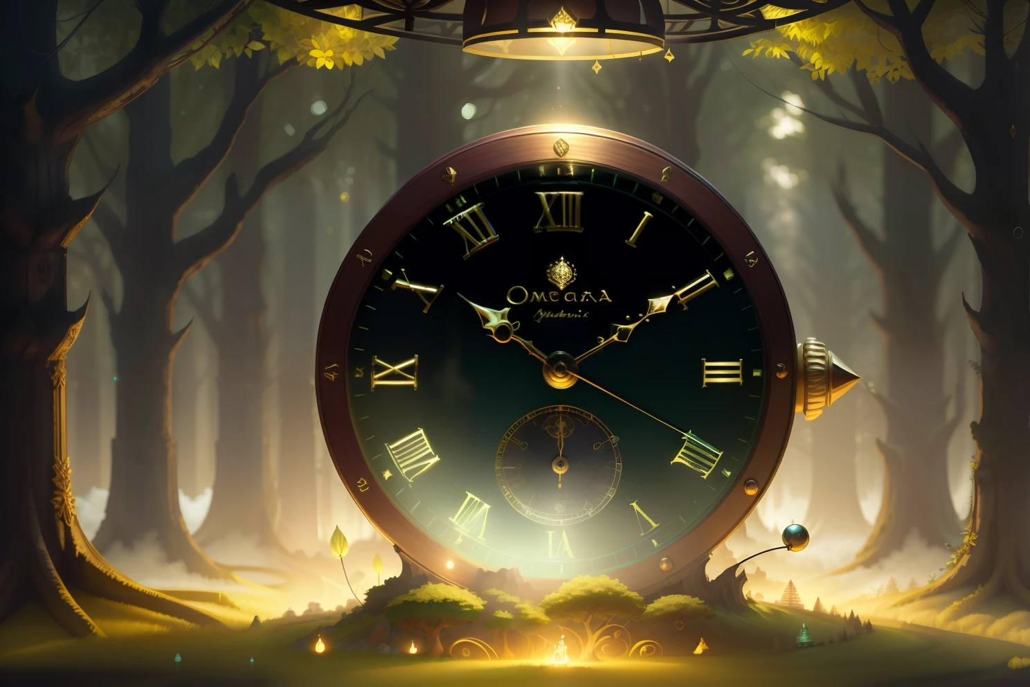 Photo of a large hand holding an antique gold watch, monstro, magia-fantasia-floresta, arte digital, most amazing art in the world, ((sem humanos)), Light Volumetric, cores suaves equilibradas, forest scenario, videiras, uhd, render de octanas 8k, magica, Awesome, ethereal, intrincado, design intrincado, ultra sharp, sombras, cores mais frias, trend in CGSociety, olhos brilhantes, ((melhor qualidade)), ((obra-prima)), (detalhado), antique clock