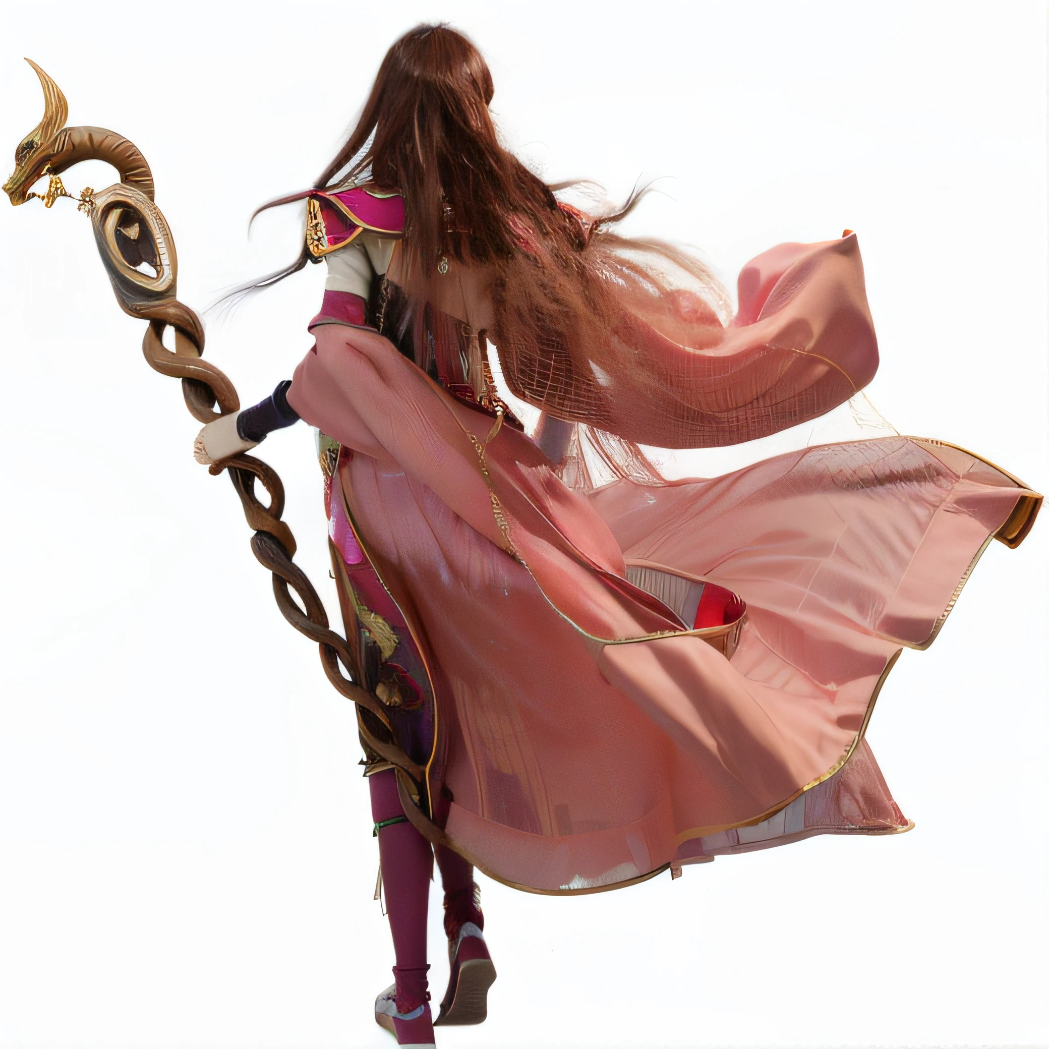 on  back，mages，Taoist，Woman in pink dress holding a snake and a staff, Carry a staff, flowing hair and long robes, as Wind Mage, waving robe movement, spellcasting pose, t-pose of wizard, render of mirabel madrigal, hyper-detailed fantasy character, final fantasy character, dark sorceress fullbody pose, megara