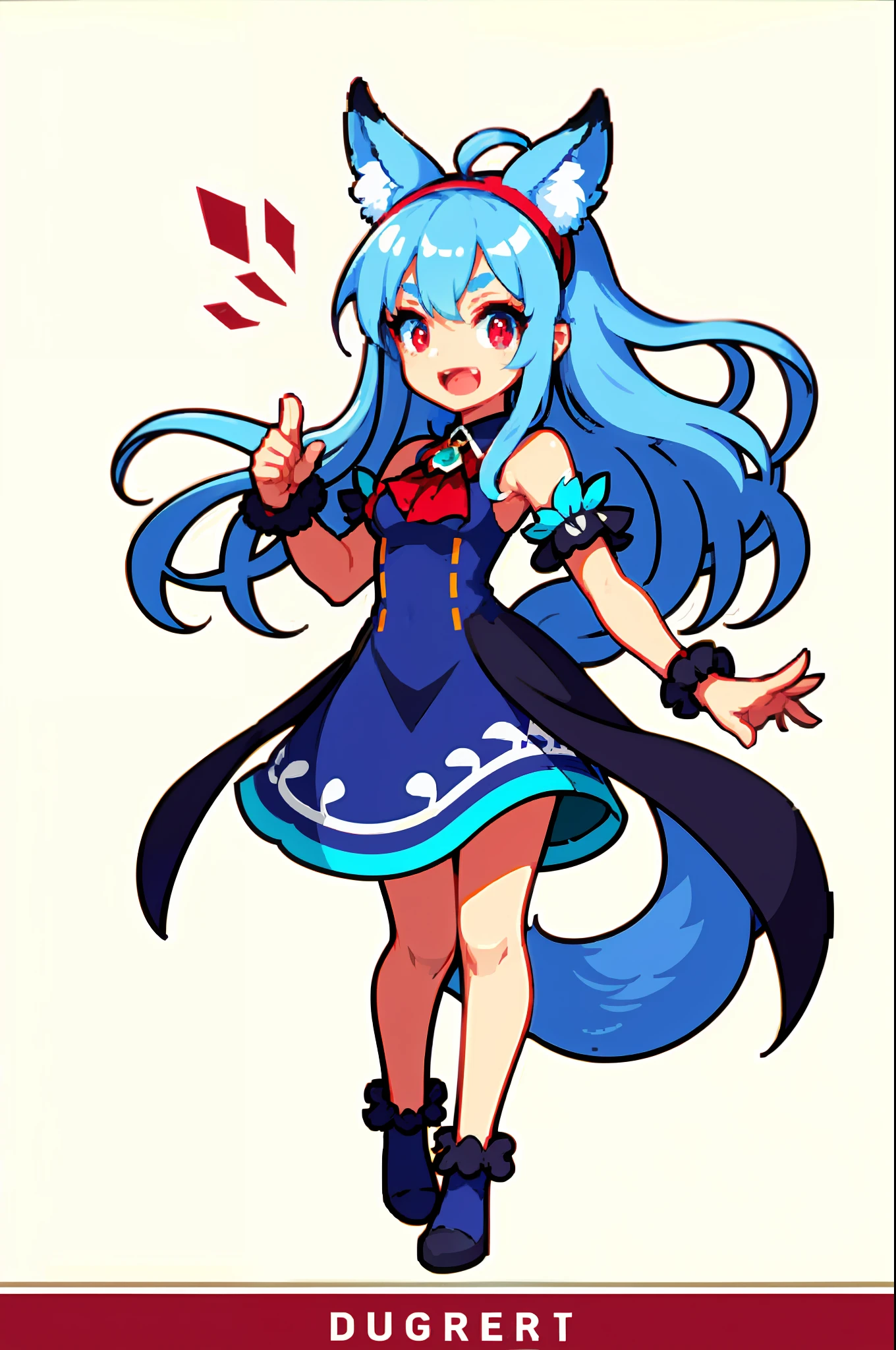 (masterpiece), furry body, best quality, expressive eyes, perfect face, ahoge aqua dress, aqua headwear, ascot, blue fur, body fur, dress fang, gem, highres, long hair, looking at viewer, open mouth, original, red ascot, red eyes, round eyewear, smile, wavy hair, white hair, big fox ears, detailed face, short body, teen, small breasts