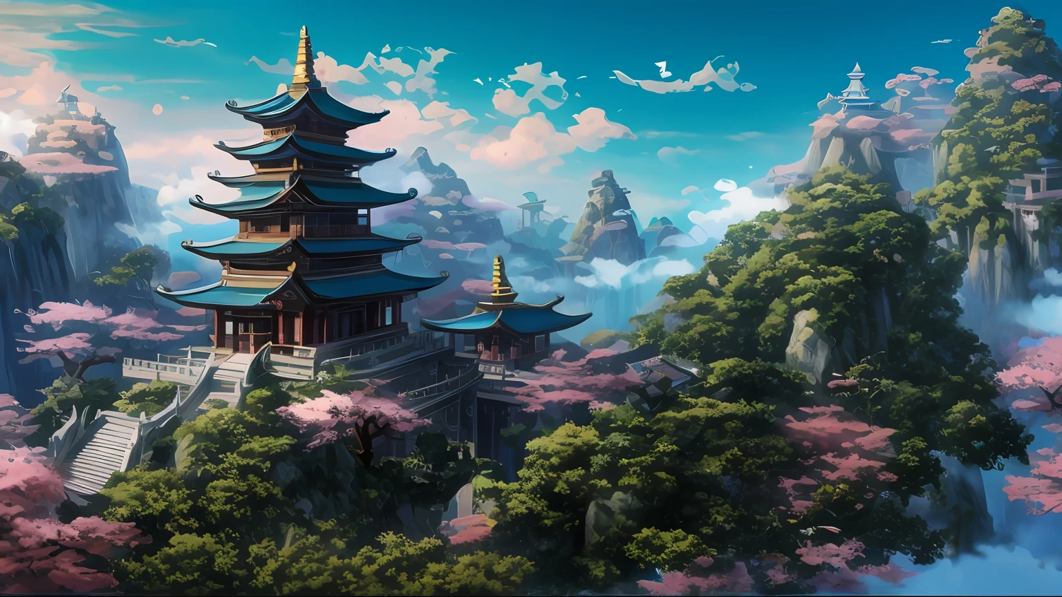 Draw a pagoda in the middle of the mountain，In the background are the sky, Temple background, anime backgrounds, 8K high quality detailed art, digital painting of a pagoda, Onmyoji detailed art, background depicting a temple, background artwork, arte de fundo, Anime background art, 4 k highly detailed art, Chinese fantasy, ross tran. scenery background, Detailed painting 4K fairy style dreamlike