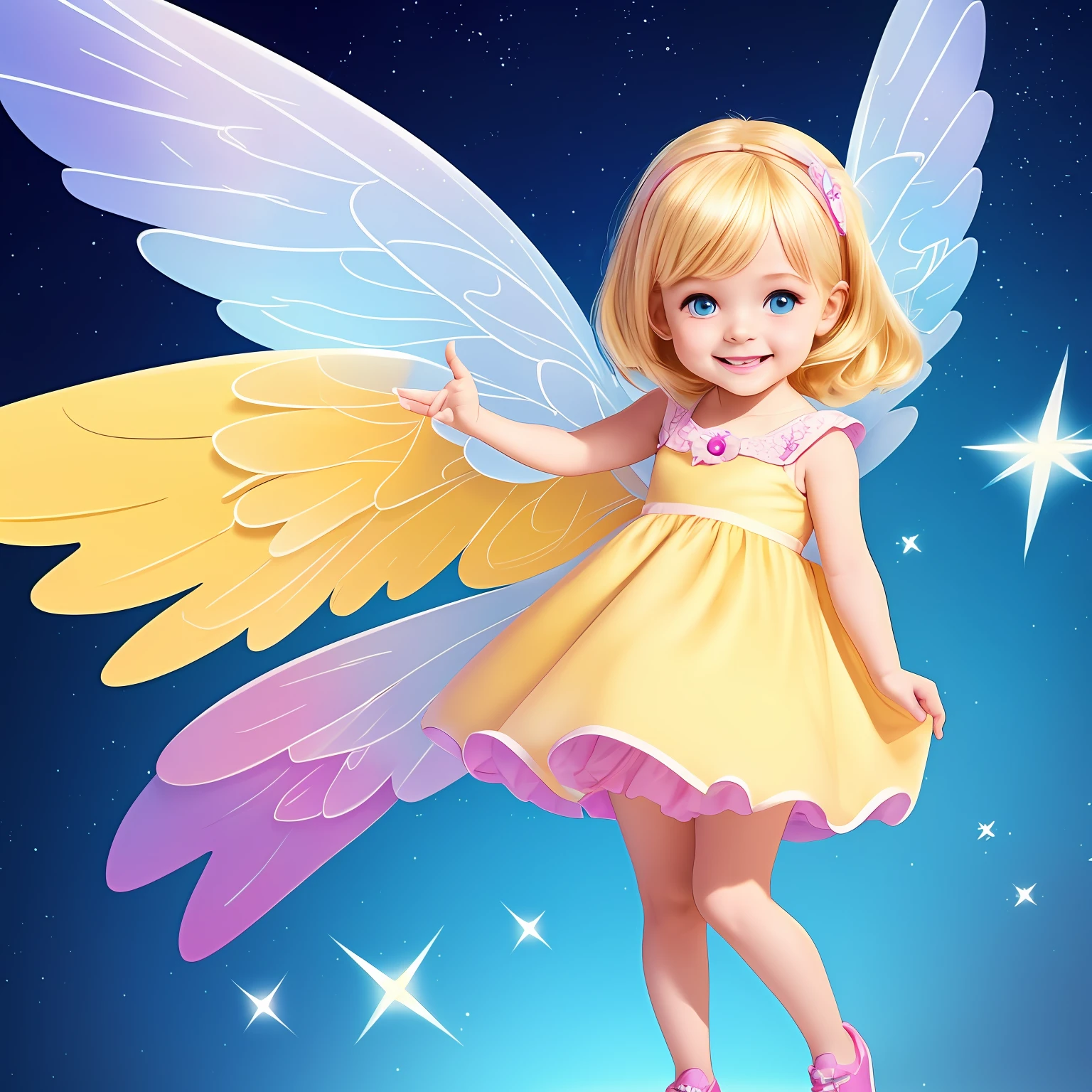 cartoon pixar style baby girl, blonde with smile best quality full body with sparkling wings --auto