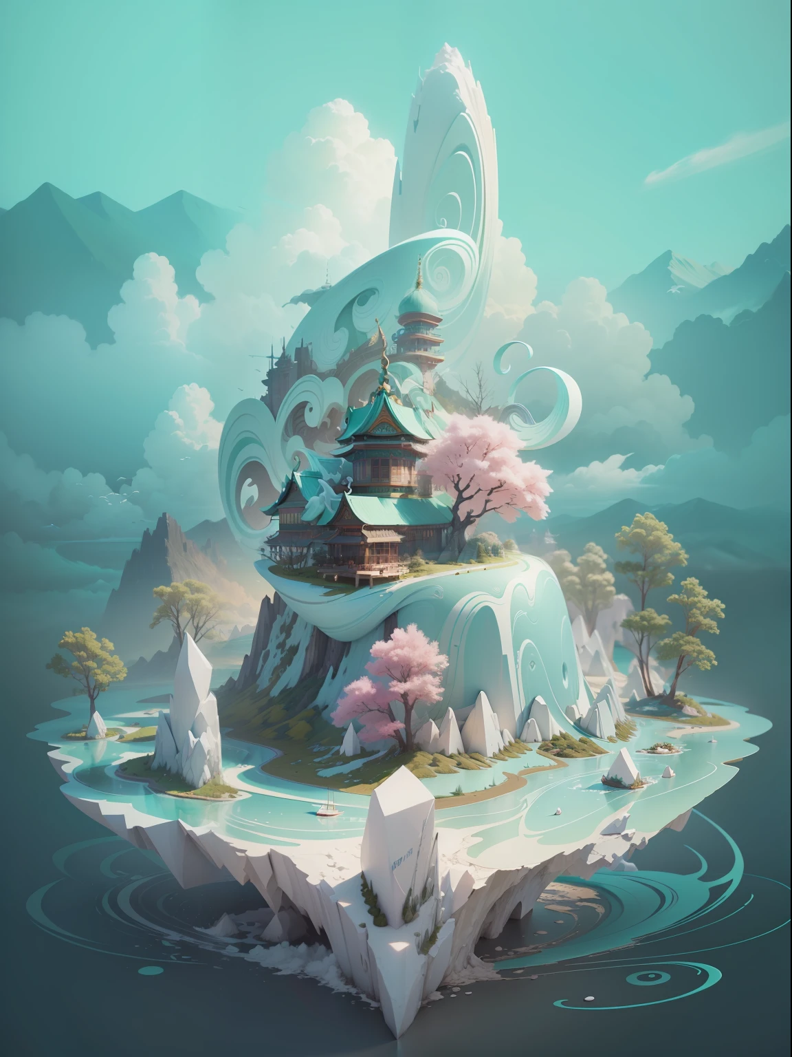 Calligraphy Artistic Conception Master, 3d, pastel, jade, octane render,landscape,auspicious clouds, graphic illustration style 8 K --ar 16:9 --s 1000 --q 2 --v 5 --auto