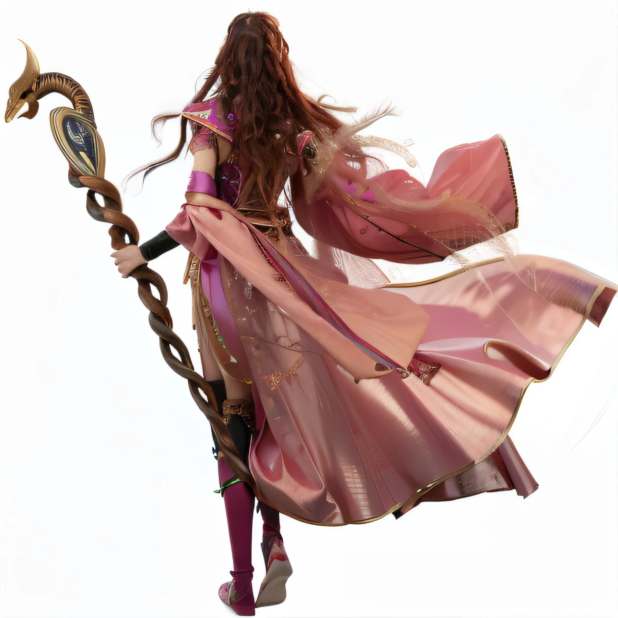on back,mages,Taoist,Woman in pink dress holding a snake and a staff, Carry a staff, flowing hair and long robes, as Wind Mage, waving robe movement, spellcasting pose, t-pose of wizard, render of mirabel madrigal, hyper-detailed fantasy character, final fantasy character, dark sorceress fullbody pose, megara
