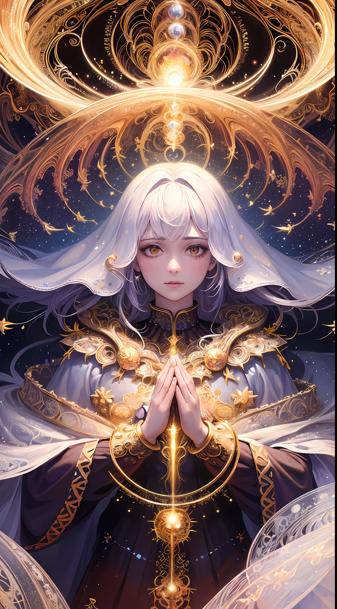 (masterpiece, top quality, best quality, official art, beautiful and aesthetic:1.2), (1girl), extreme detailed, (fractal art:1.3), colorful, highest detailed, perfect face, upper body, HDR, (praying:1.3), (white cloak golden lines:1.2), galaxy, (light streaks), striking visuals, (dynamic streaks, luminous trails:1.2), vibrant colors,