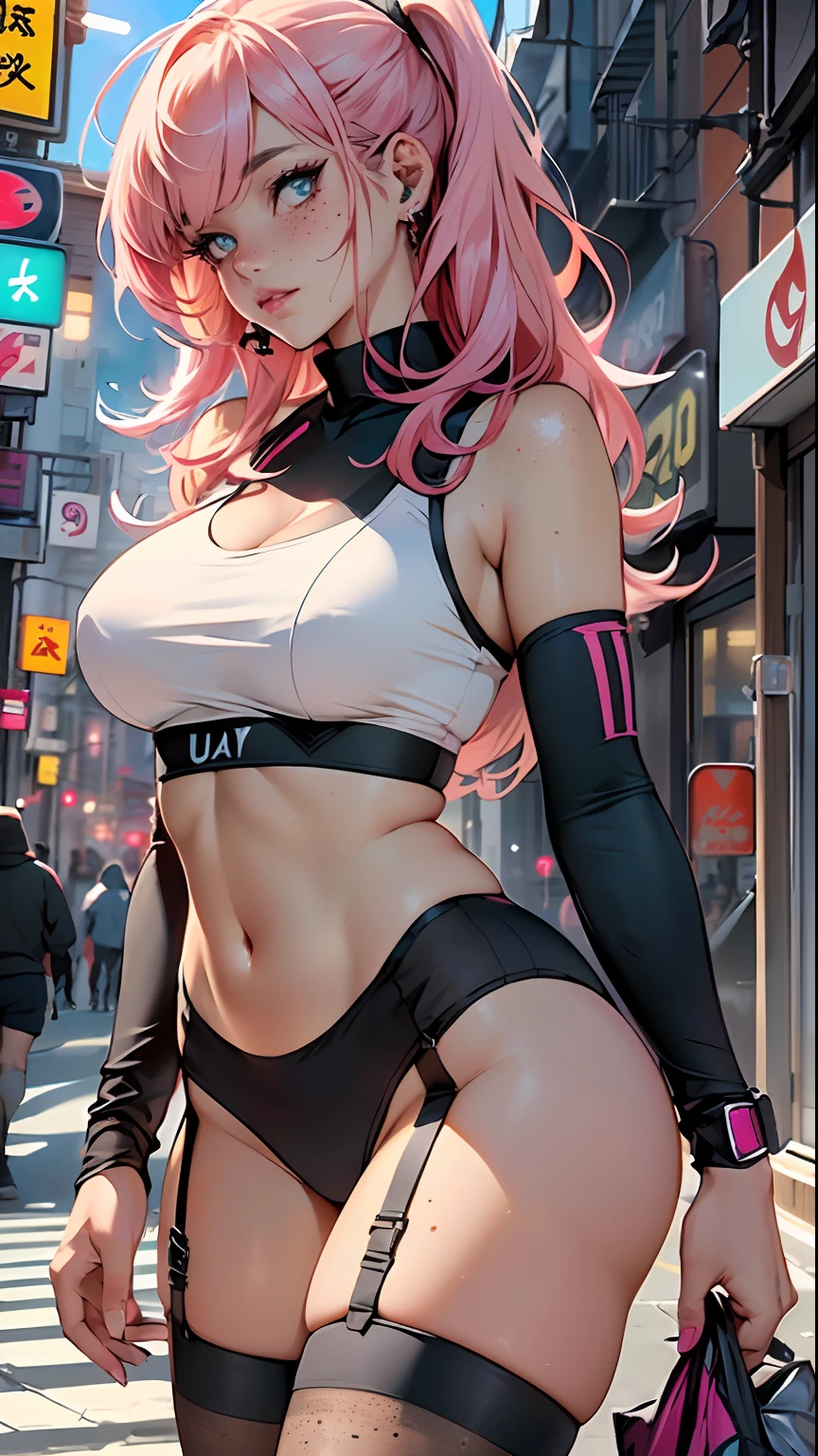 sporty girl,(1girl:1.3),((anime girl with bubblegum pink hair and freckles, extremely cute and gorgeous seductively walking down the street)),

(large breasts:1.4),saggy breasts,(((bubblegum pink hair:1.35, straight hair, long hair:1.4, colored inner hair,ear breathing))),((heterochromia, eye1 pink, eye2 azul, perfect eyes, upturned eyes:1.3, beautiful detailed eyes, finely detailed beautiful eyes:1, big highlight on eyes:1.2, slanted eyes)), (fat:1.2),(((freckles on the face, freckles,freckled girl)))(((lustrous skin:1.5,bright skin: 1.5,skin tanned,shiny skin,very shiny skin,shiny body,plastic glitter skin,exaggerated shiny skin))),(spider lower abdomen,narrow waist,wide hip,athletic body,inflated legs,delicate detailed fingers,detailed body,detailed arms,human hands, detailed hands),

cute,slutty,seductive,erotic,nsfw, 

zettai ryouiki,revealing clothing,show skin,((((underboob)))),(((small magenta sports bra, sport thong,visible thong straps))),(wearing a sport outfit:1.3,sport clothes,semi-naked,with little clothing,),(detailed outfit,detailed clothes),

(dynamic pose:1.0), embarrassed, centered, scale to fit dimensions, Rule of thirds,

outdoors, ((night view)), (cyberpunk night street Background: 1.5,dark sky,alleyway,lonely alley,thick clouds, detailed background:1.25),

(best quality), (high resolution), (sharp focus), (ultra detailed), (extremely detailed), (extremely high quality artwork), 8k_wallpaper, (extremely detailed CG 8k),(very fine 8K CG), ((hyper super ultra detailed perfect piece)), flawless, (((masterpiece))), illustration, vibrant colors,  (intricate), High contrast, Selective lighting, Double exposure, HDR (High Dynamic Range), Post-processing, Background blur,