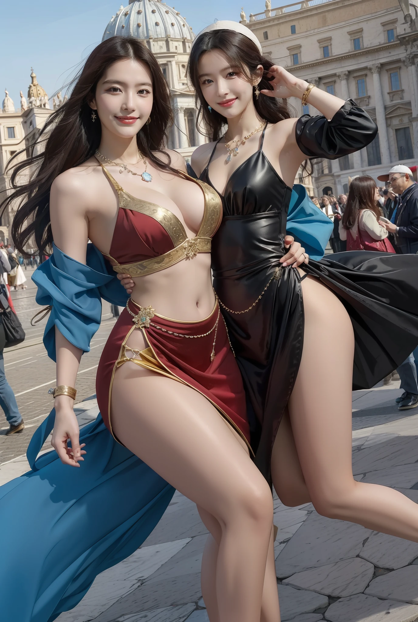 Masterpiece, 4K, Best quality, FELute, necklace,Gorgeous dress, (on the St. Peter's Square of Vatican,crowd),Bracers, Cowboy shot, view the viewer, fake smile, Hand up