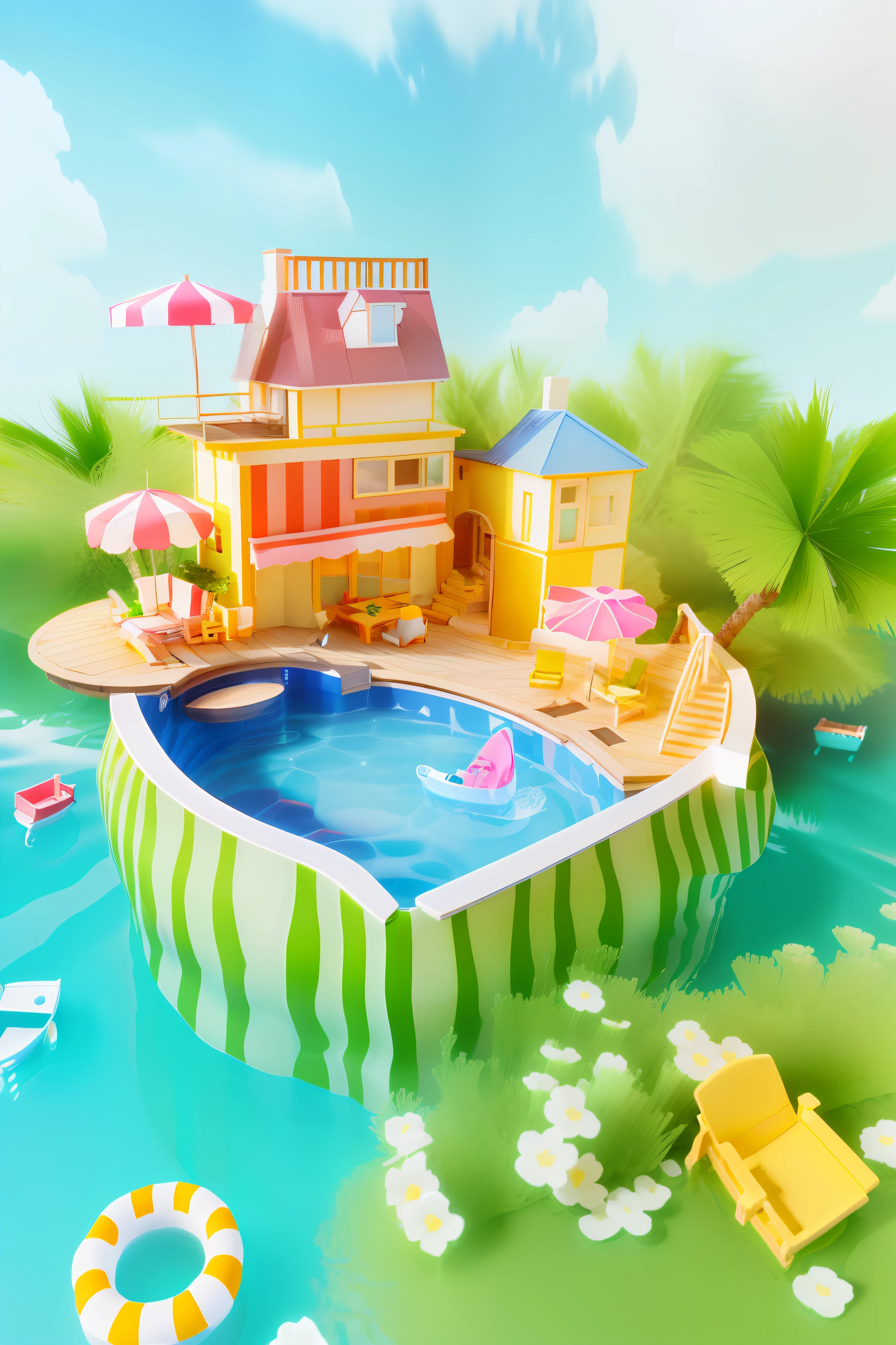 There is a small boat with a pool and a dollhouse, cute 3 d render, summer swimming party --auto