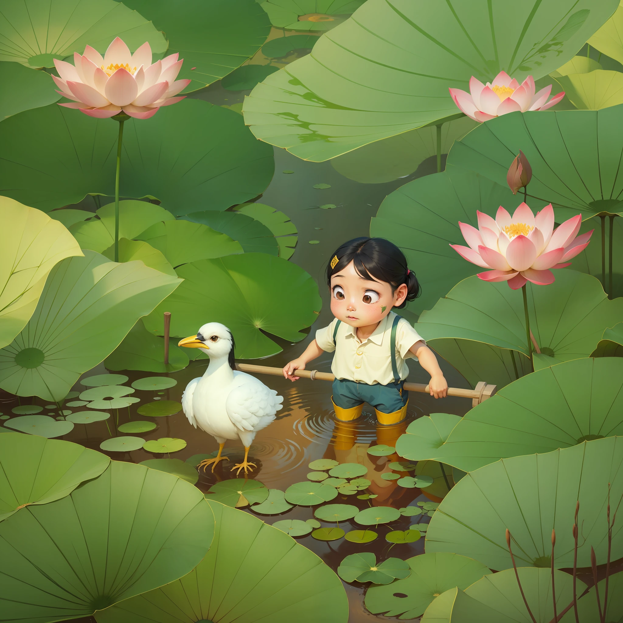 Cartoon illustration,Digging lotus,Chinese farmer,bird's eyes view