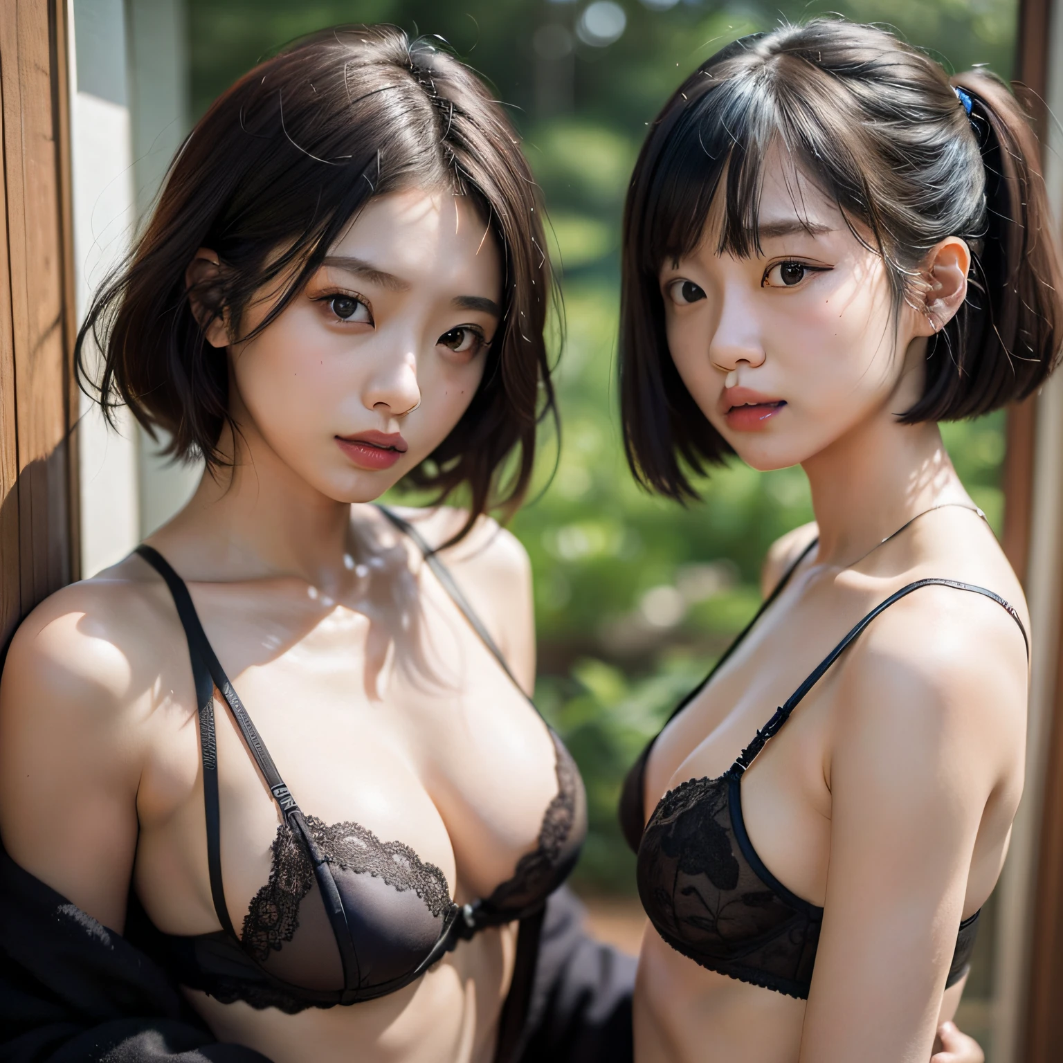 A Japanese Lady、20 generations of beauties、Medium bob、Black underwear(Sheer)、full bodyesbian、Bust: 96 cm、